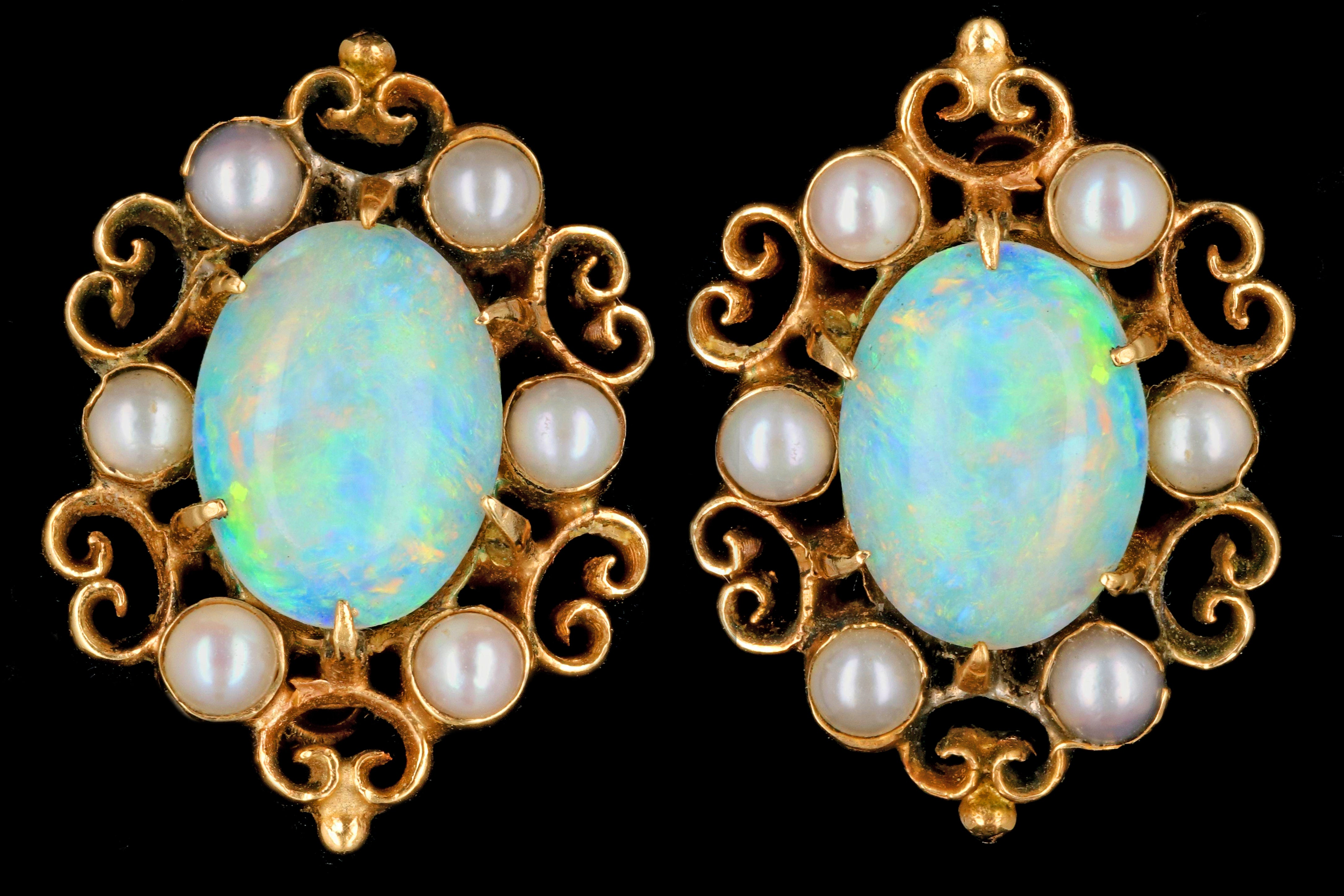 Victorian Revival Opal and Seed Pearl Earrings - Queen May