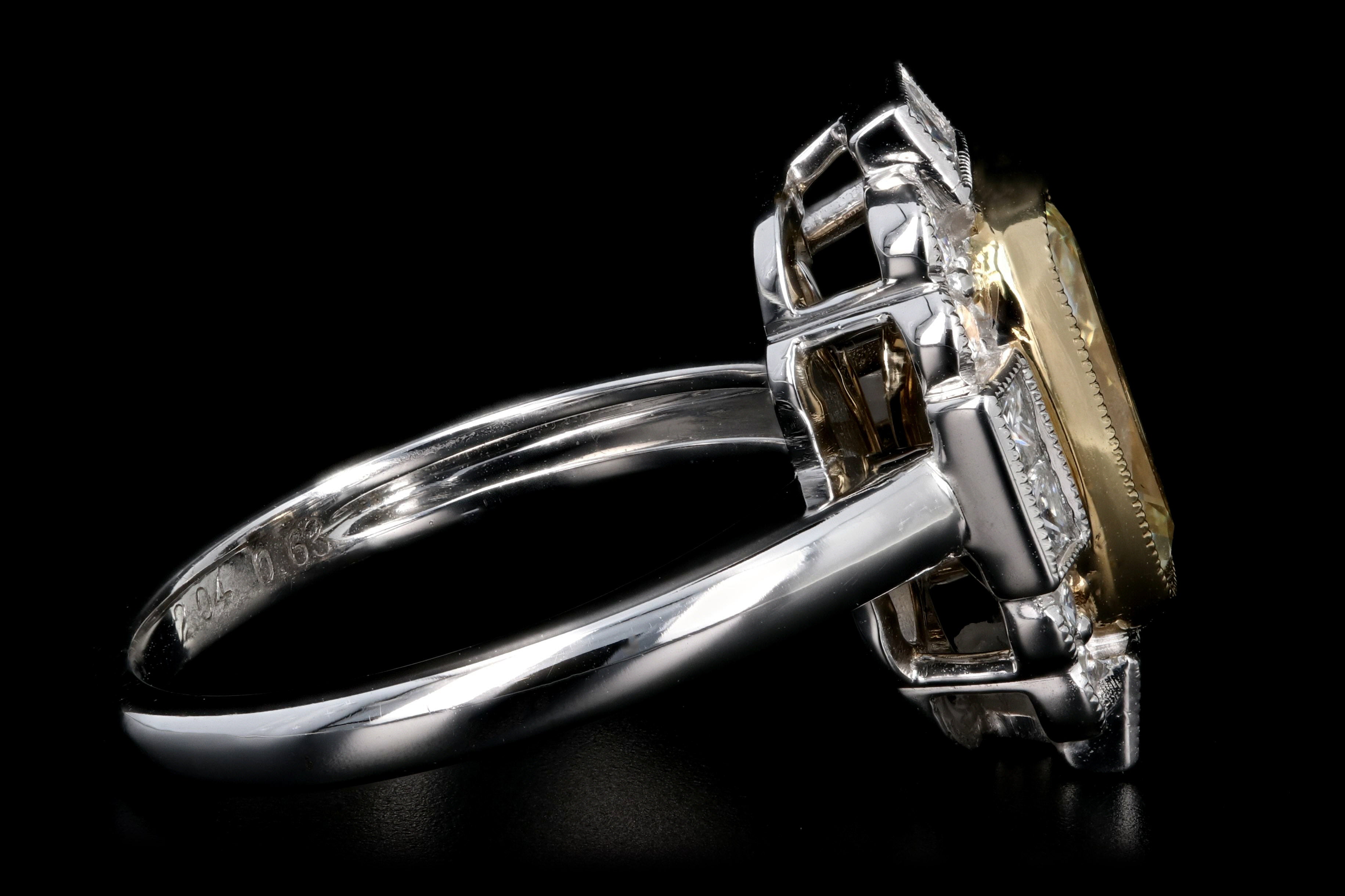 New 14K White Gold 2.04 Light Yellow Cushion Cut and White Diamond Ring - Queen May