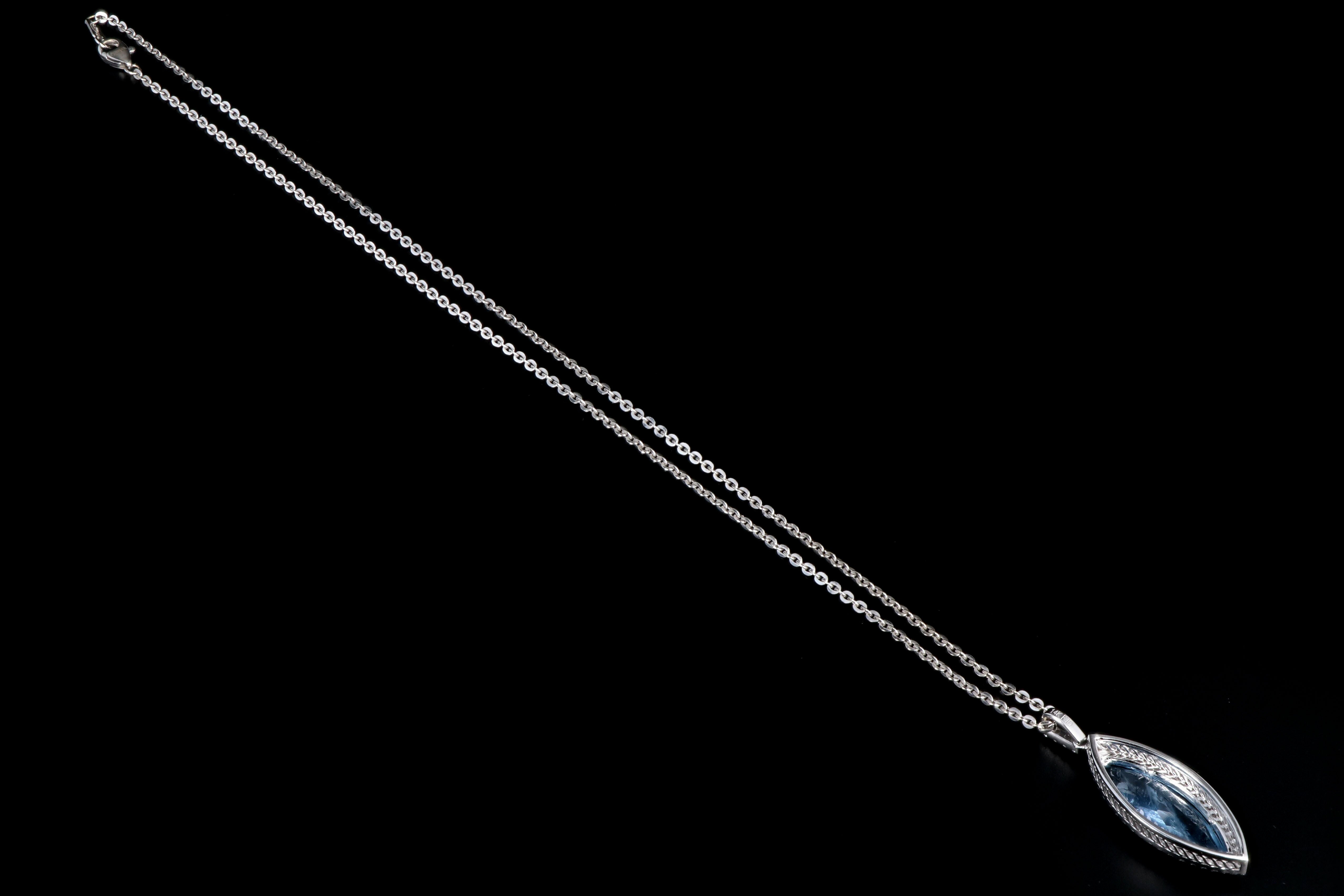 New 14K White Gold 4.47 Carat Marquise Cut Aquamarine and Diamond Halo Necklace - Queen May