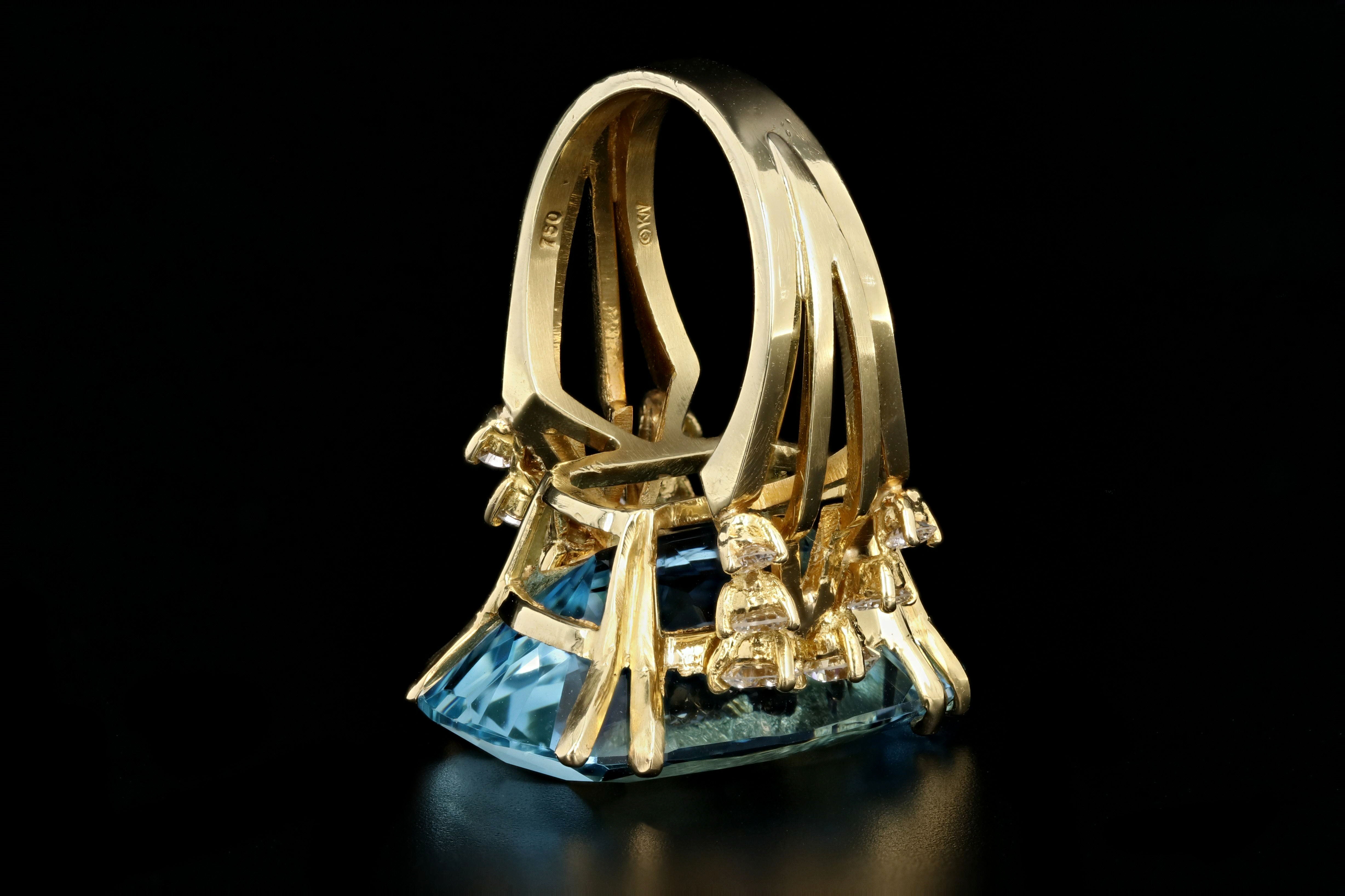 Signed Kurt Wayne 18K Yellow Gold 21 Carat Aquamarine and Diamond Ring Cocktail Ring - Queen May