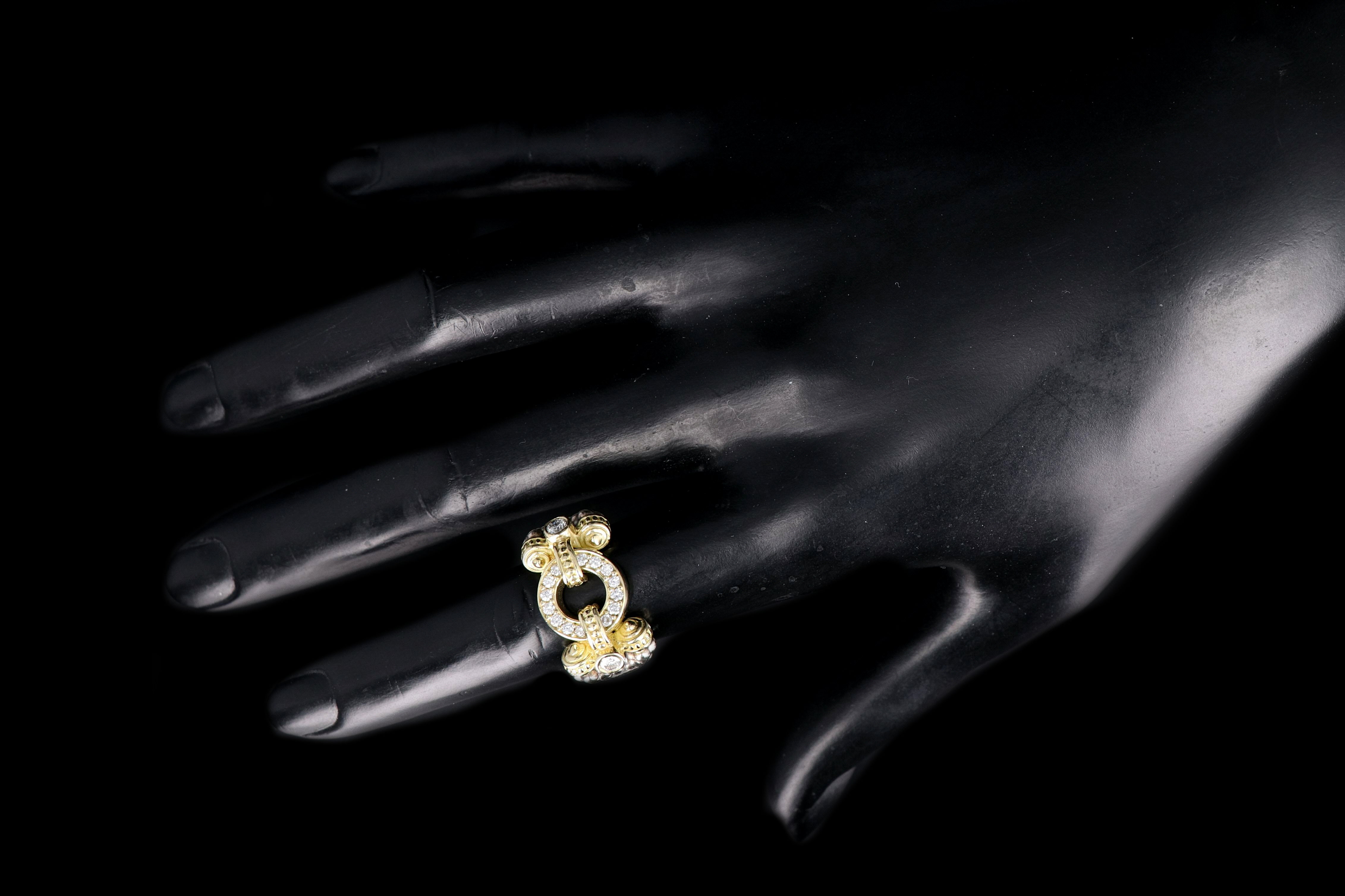 Modern Lagos 18K Yellow Gold and Sterling Silver .48 Carat Round Brilliant Cut Diamond Caviar Circle Game Ring - Queen May