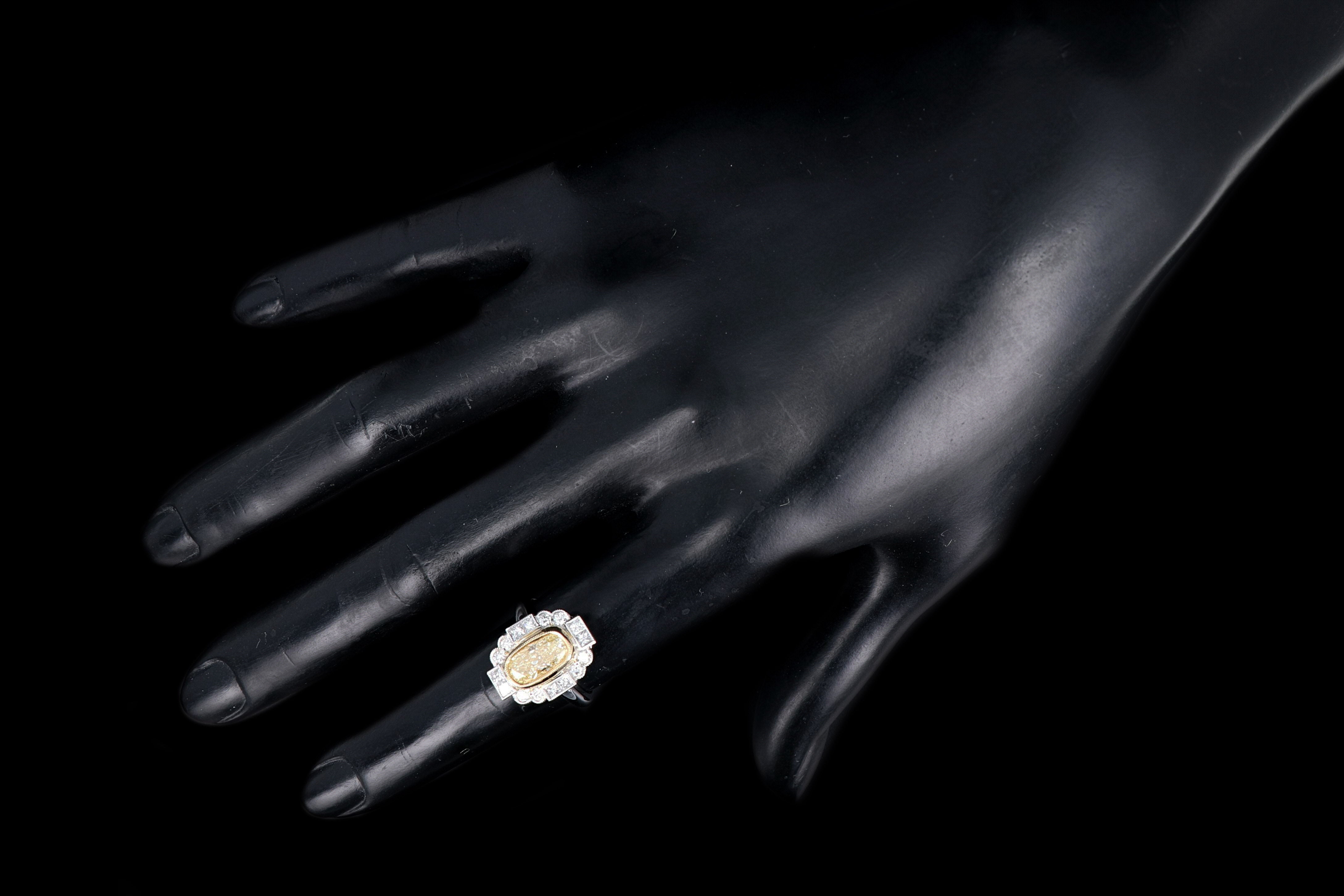 New 14K White Gold 2.04 Light Yellow Cushion Cut and White Diamond Ring - Queen May