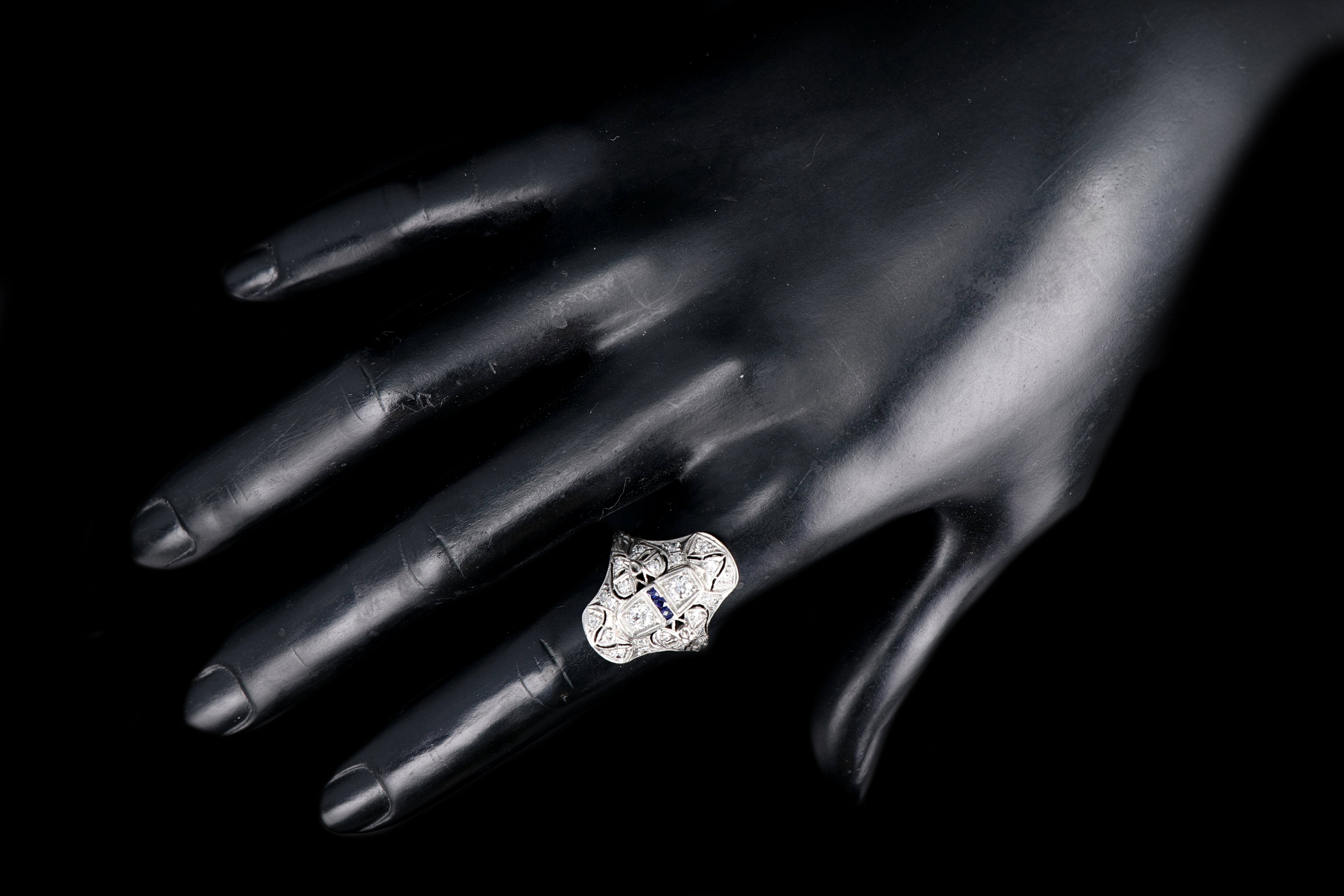 Art Deco Platinum .9 Carat Old European Cut Diamond and Sapphire Shield Style Ring - Queen May