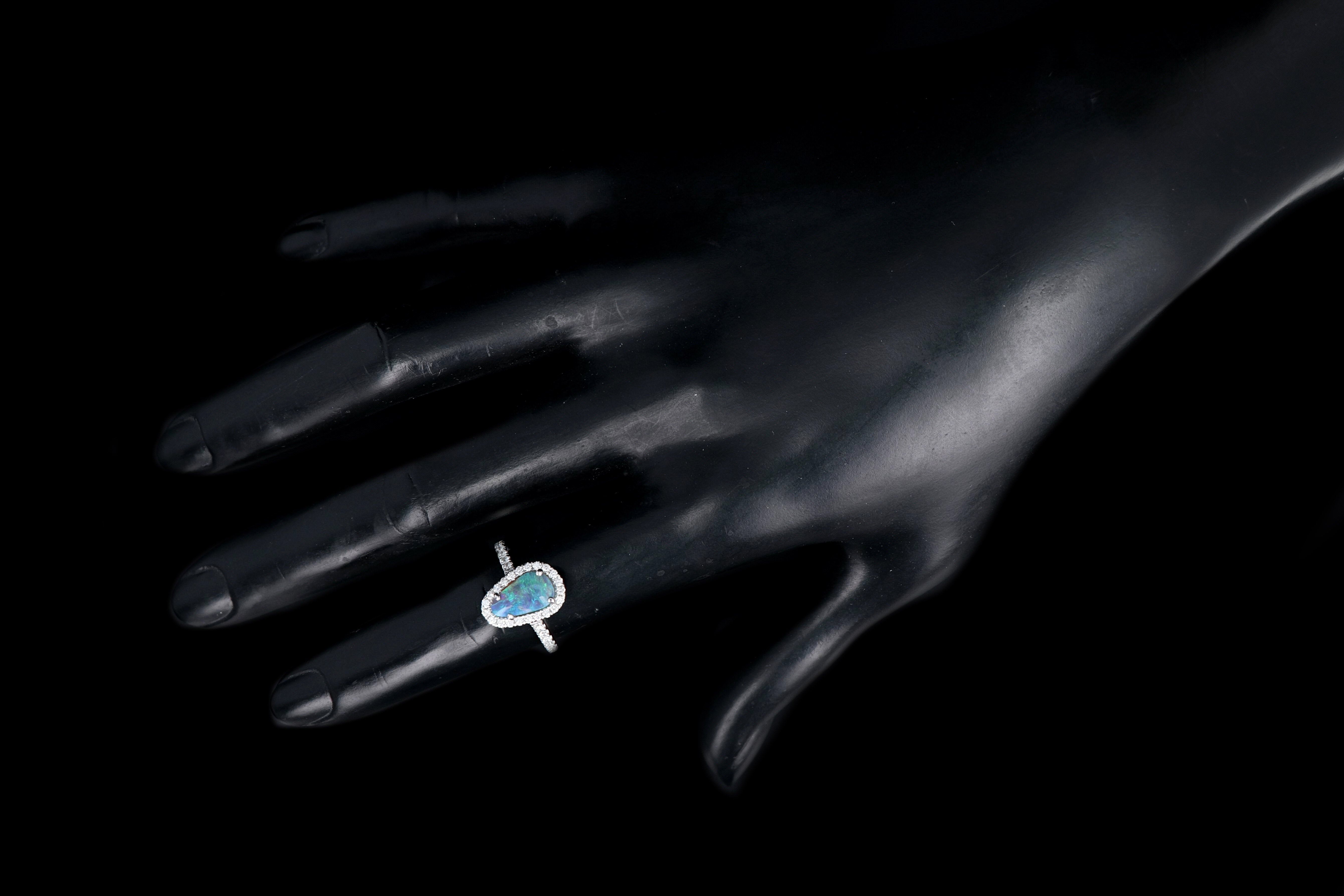 New 14K White Gold 1.11 Carat Oval Cut Black Opal and Diamond Ring - Queen May