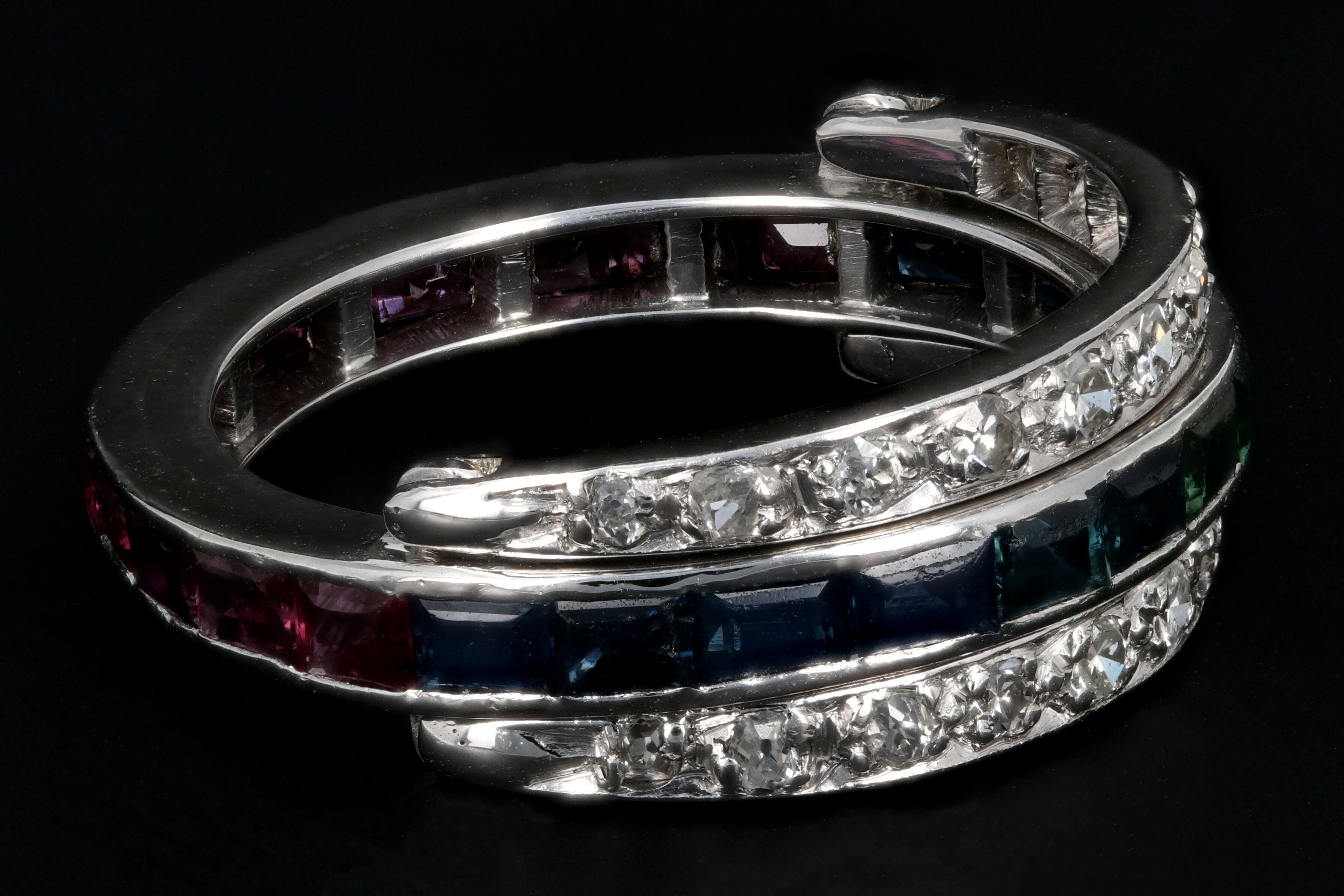 Art Deco Platinum Flip Ring with Sapphires, Rubies, and Diamonds - Queen May
