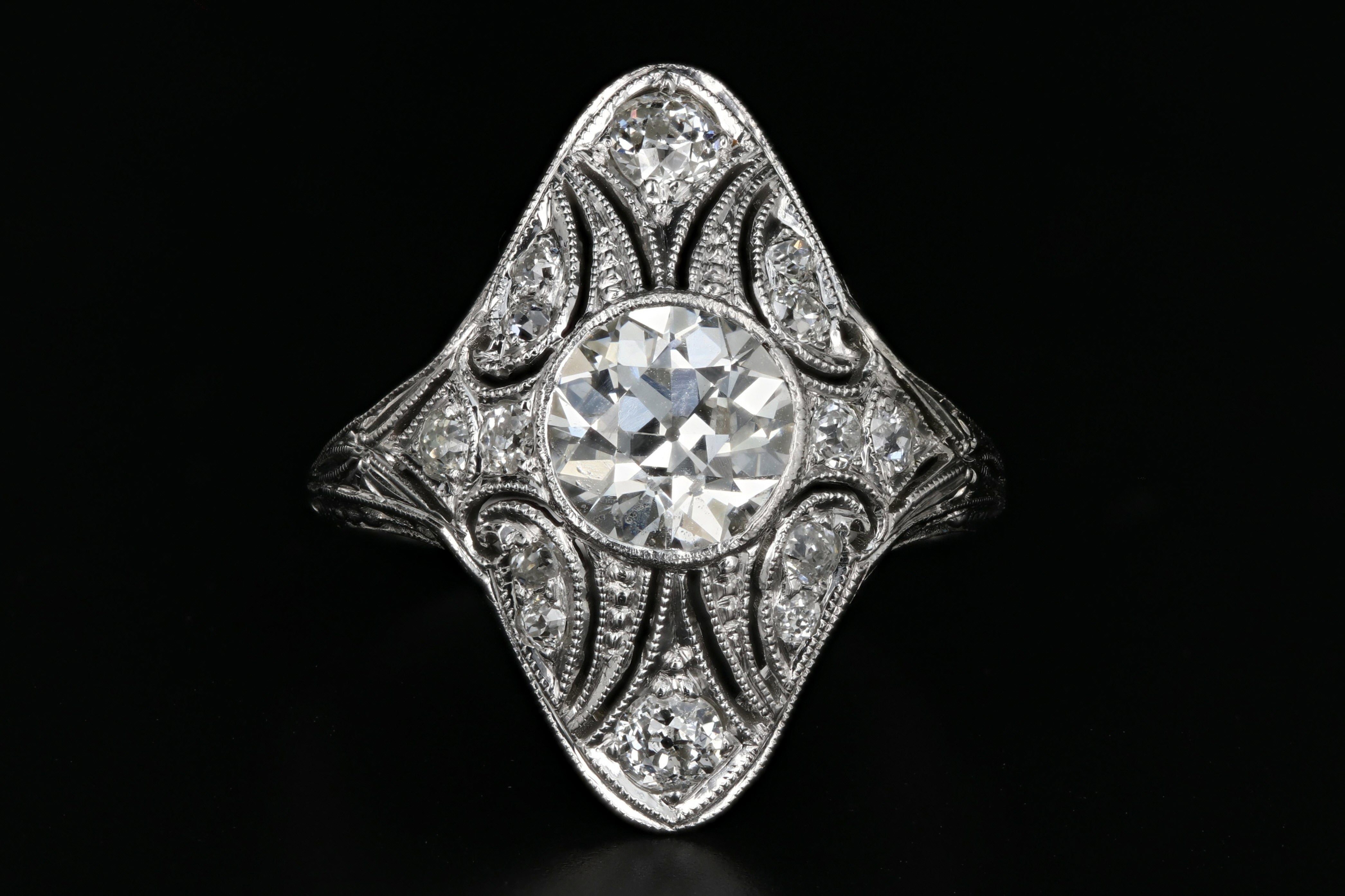 Art Deco 18K White Gold 1.15 Carat Old European Cut Diamond Shield Ring GIA Certified - Queen May