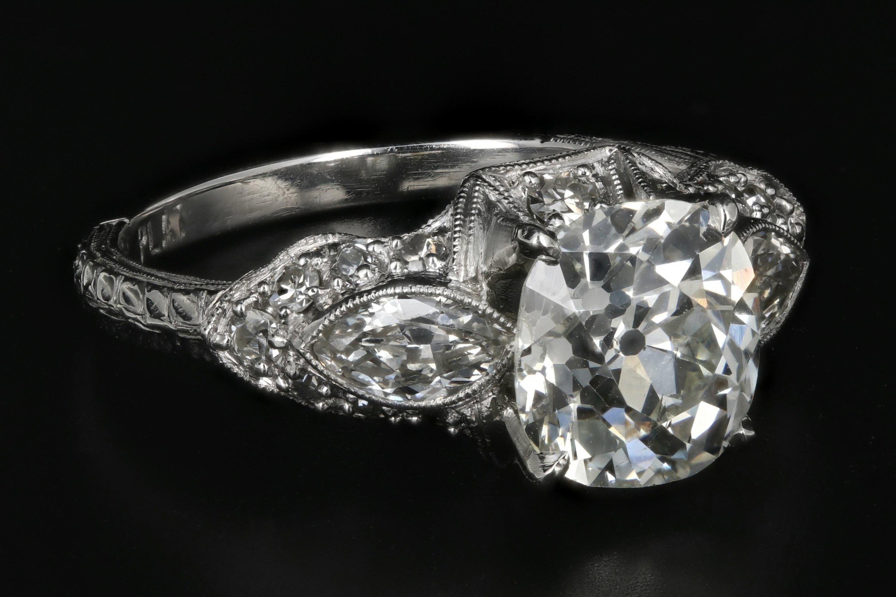Art Deco Platinum 2.15 Carat Old Mine Cut Diamond Engagement Ring - Queen May