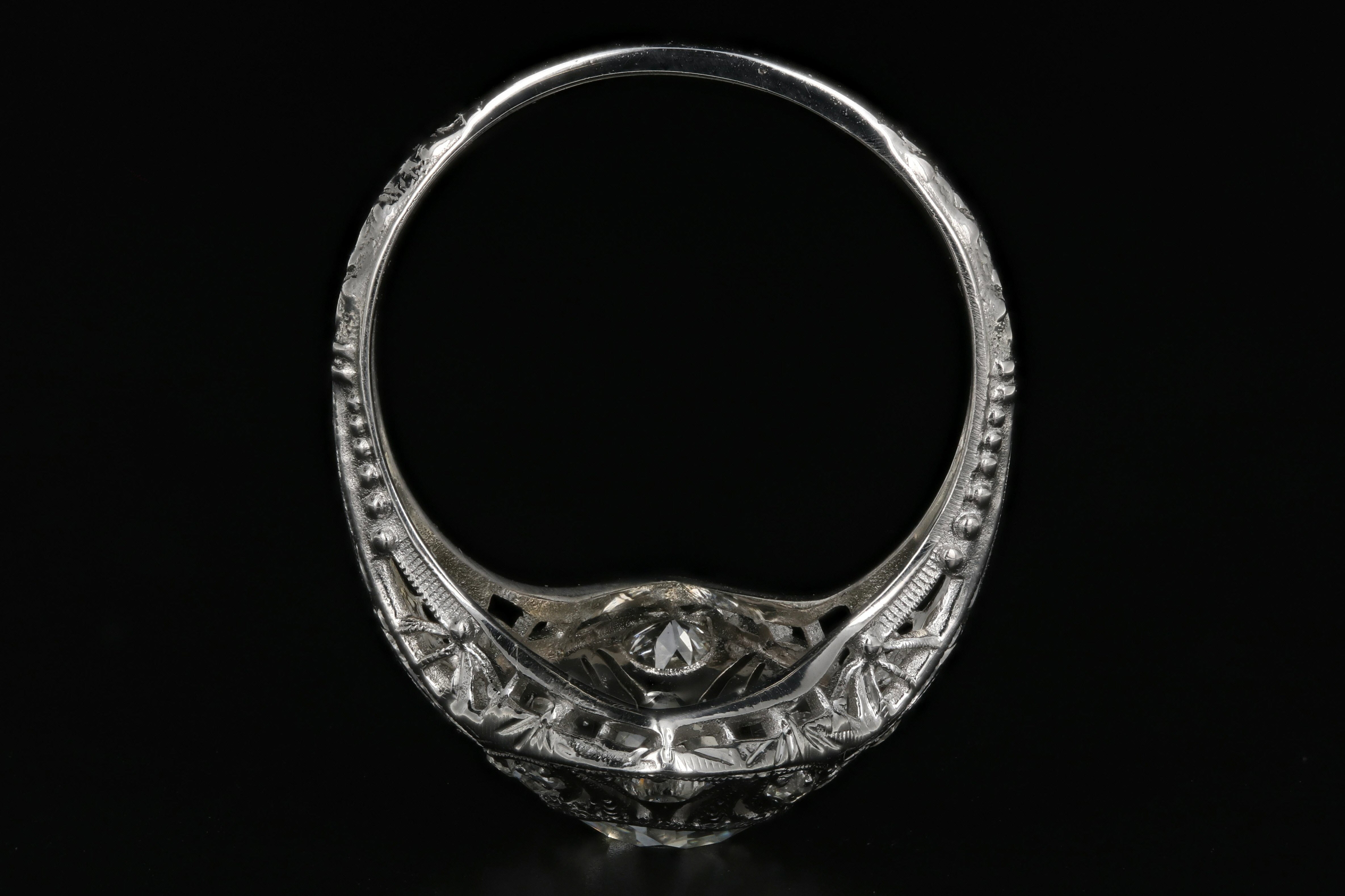Art Deco 18K White Gold 1.15 Carat Old European Cut Diamond Shield Ring GIA Certified - Queen May