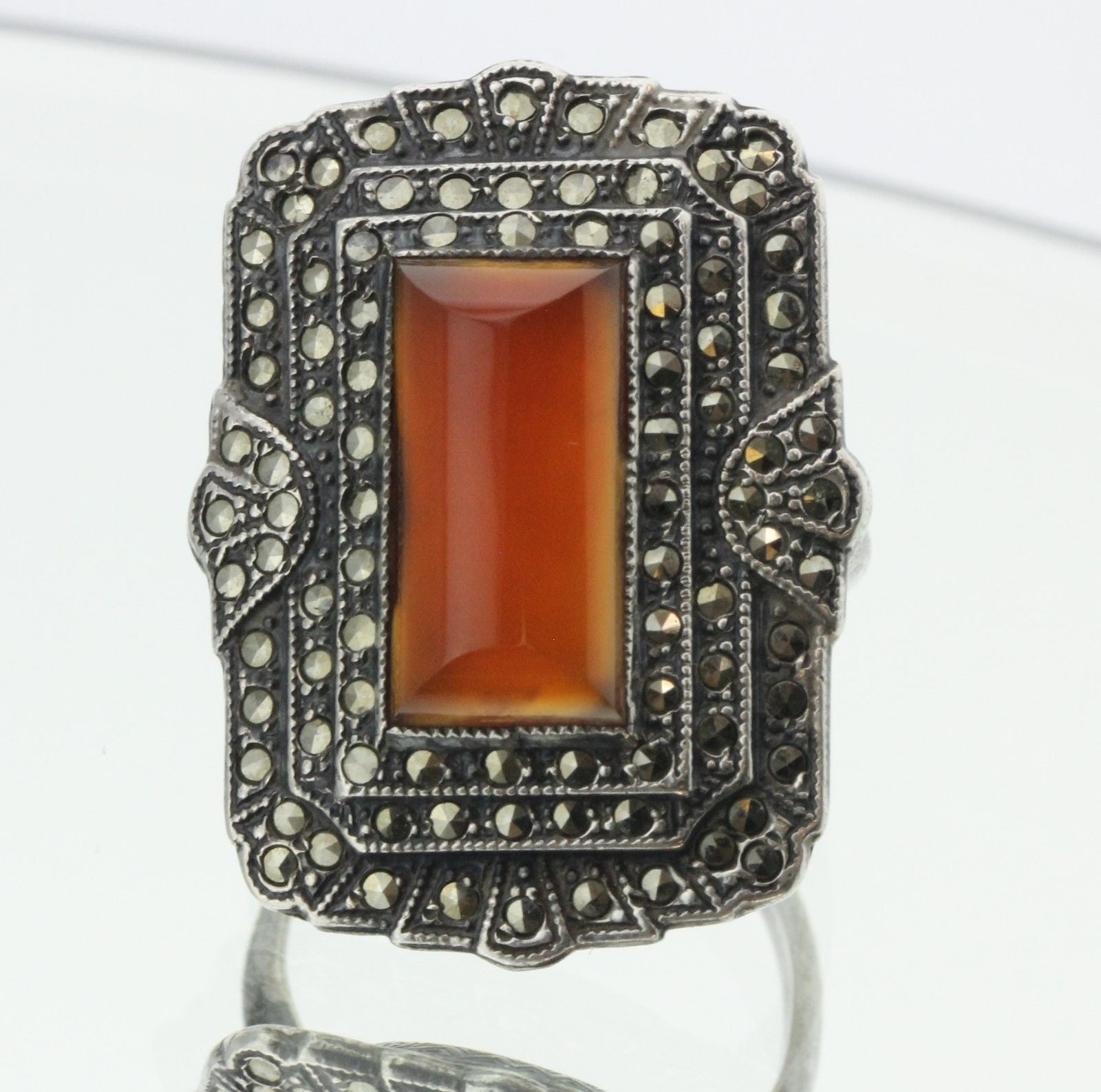 Antique Sterling Silver Art Deco Uncas MFG Co Marcasite & Carnelian Ring - Queen May