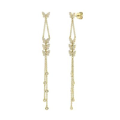 14K Yellow Gold .39 Carat Total Weight Round Diamond Pave Butterfly Drop Earrings - Queen May