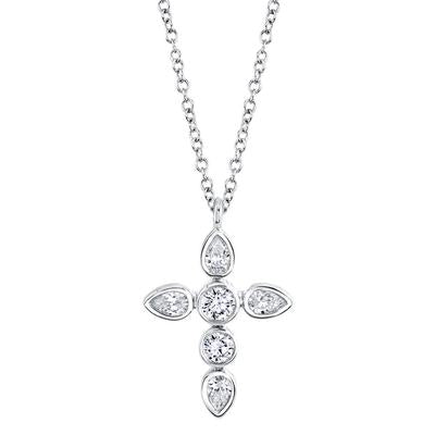 14K Gold .42 Carat Total Weight Pear Diamond Cross Pendant Necklace - Queen May