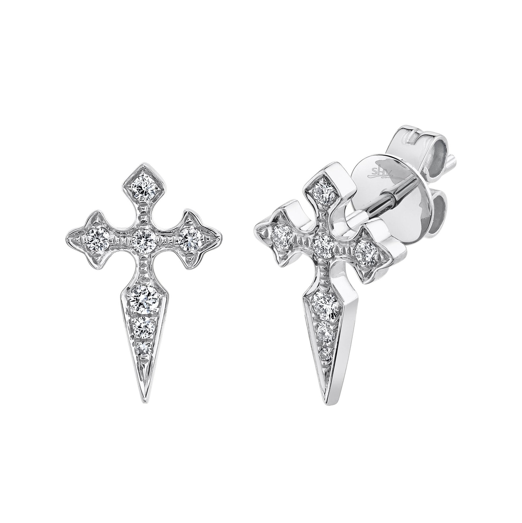 14K White Gold .13 Carat Total Weight Diamond Cross Stud Earrings - Queen May