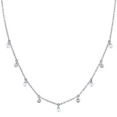 New 14K Gold Diamond & Freshwater Pearl Station Necklace - Queen May