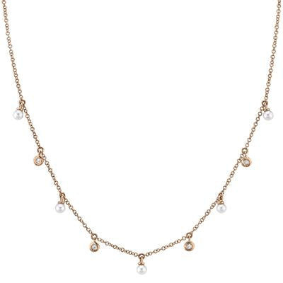 New 14K Gold Diamond & Freshwater Pearl Station Necklace - Queen May