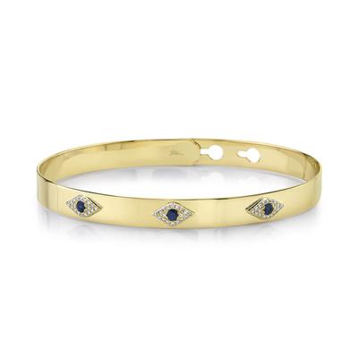 14K Yellow Gold .16 Carat Sapphire & .12 Carat Diamond Evil Eye Latch Lock Bangle - Queen May