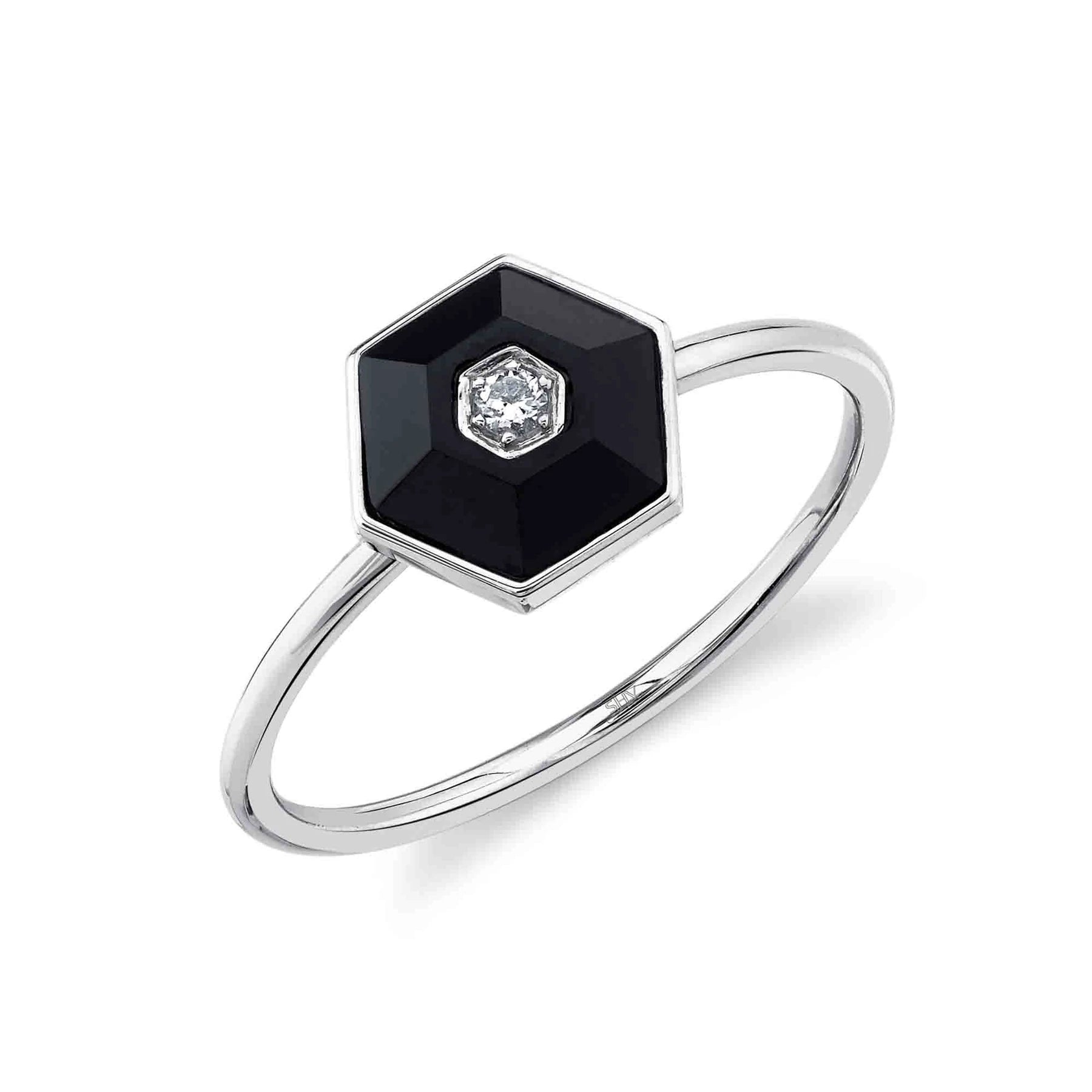 14K White or Yellow Gold 0.03 Carat Diamond & Black Onyx Hexagon Ring - Queen May