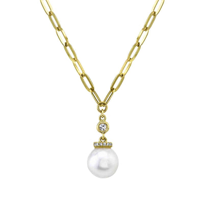 14K Gold Pearl & Diamond Paperclip Chain Pendant Necklace - Queen May