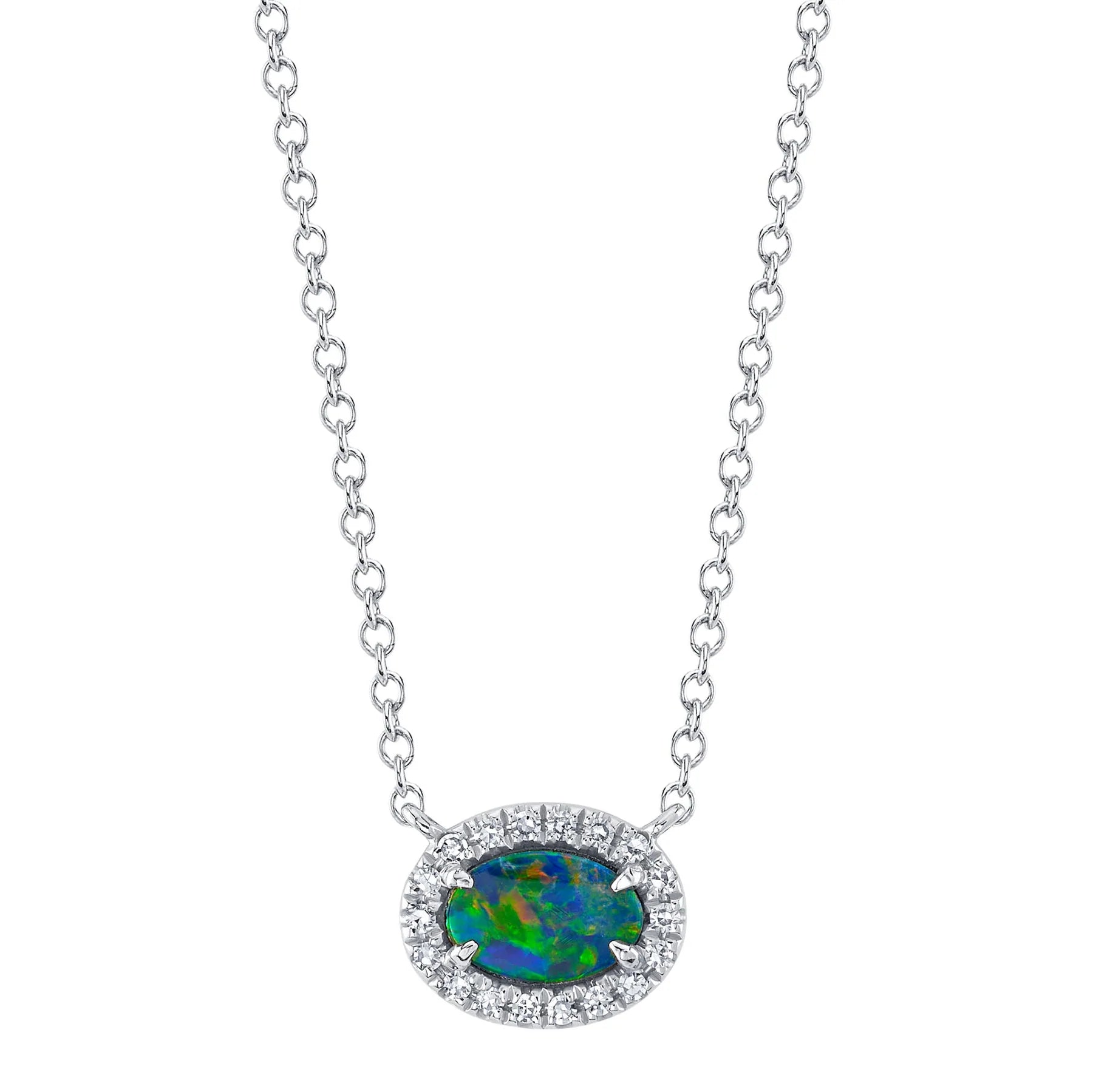 14K Gold 0.33 Carat Opal & Diamond Halo Pendant Necklace - Queen May