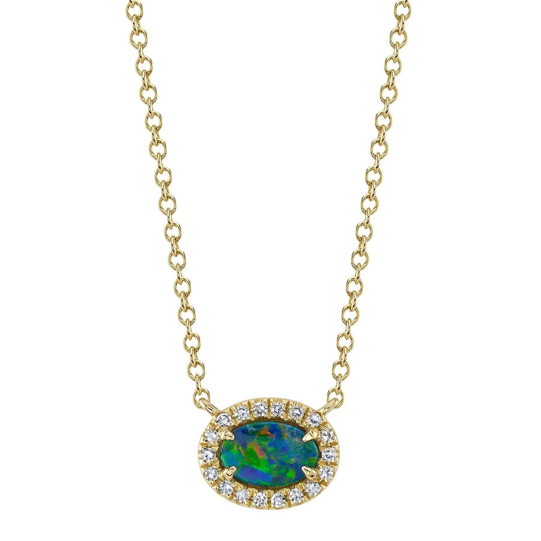 14K Gold 0.33 Carat Opal & Diamond Halo Pendant Necklace - Queen May