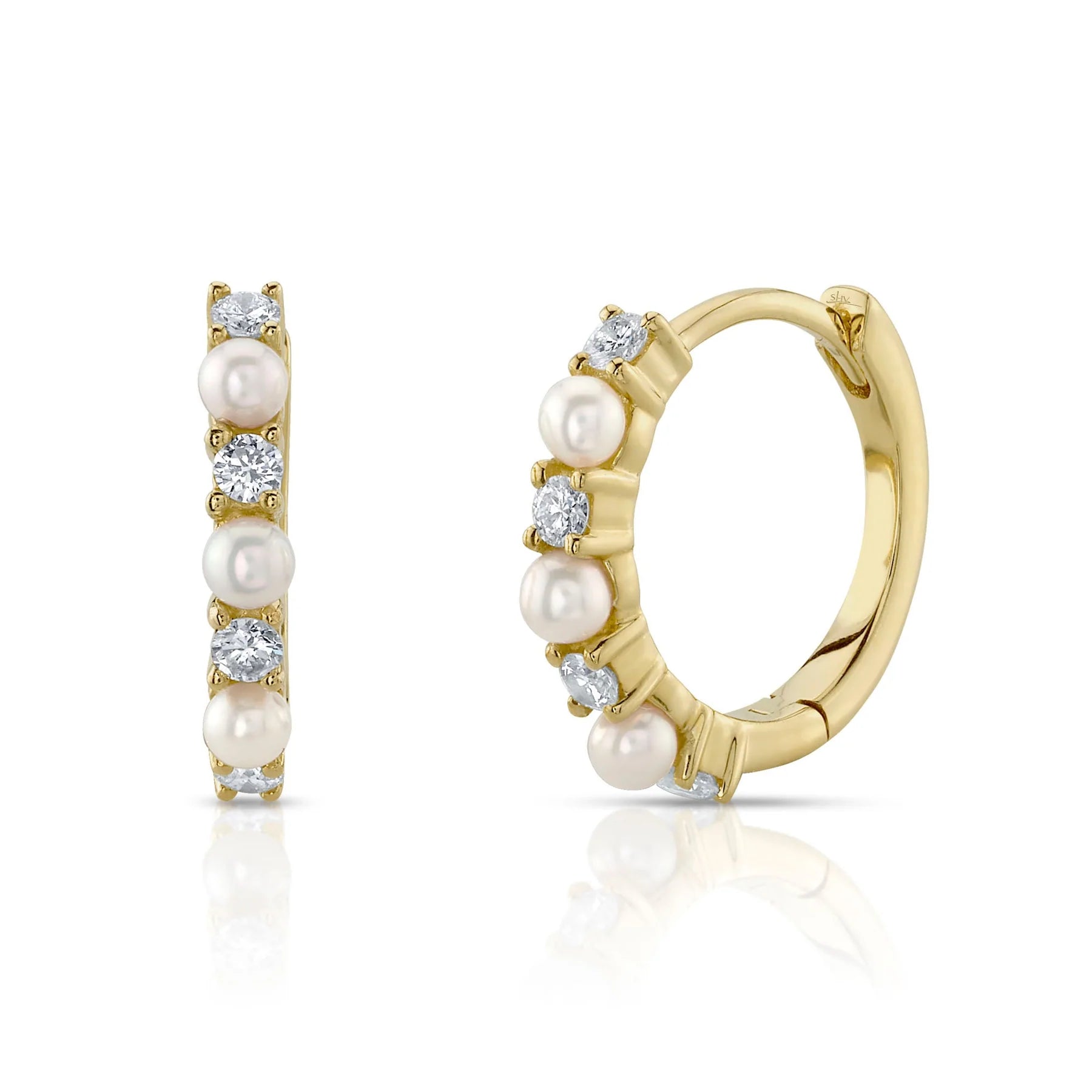 14K Yellow Gold 0.14 Carat Diamond & Cultured Pearl Mini Huggie Earrings - Queen May
