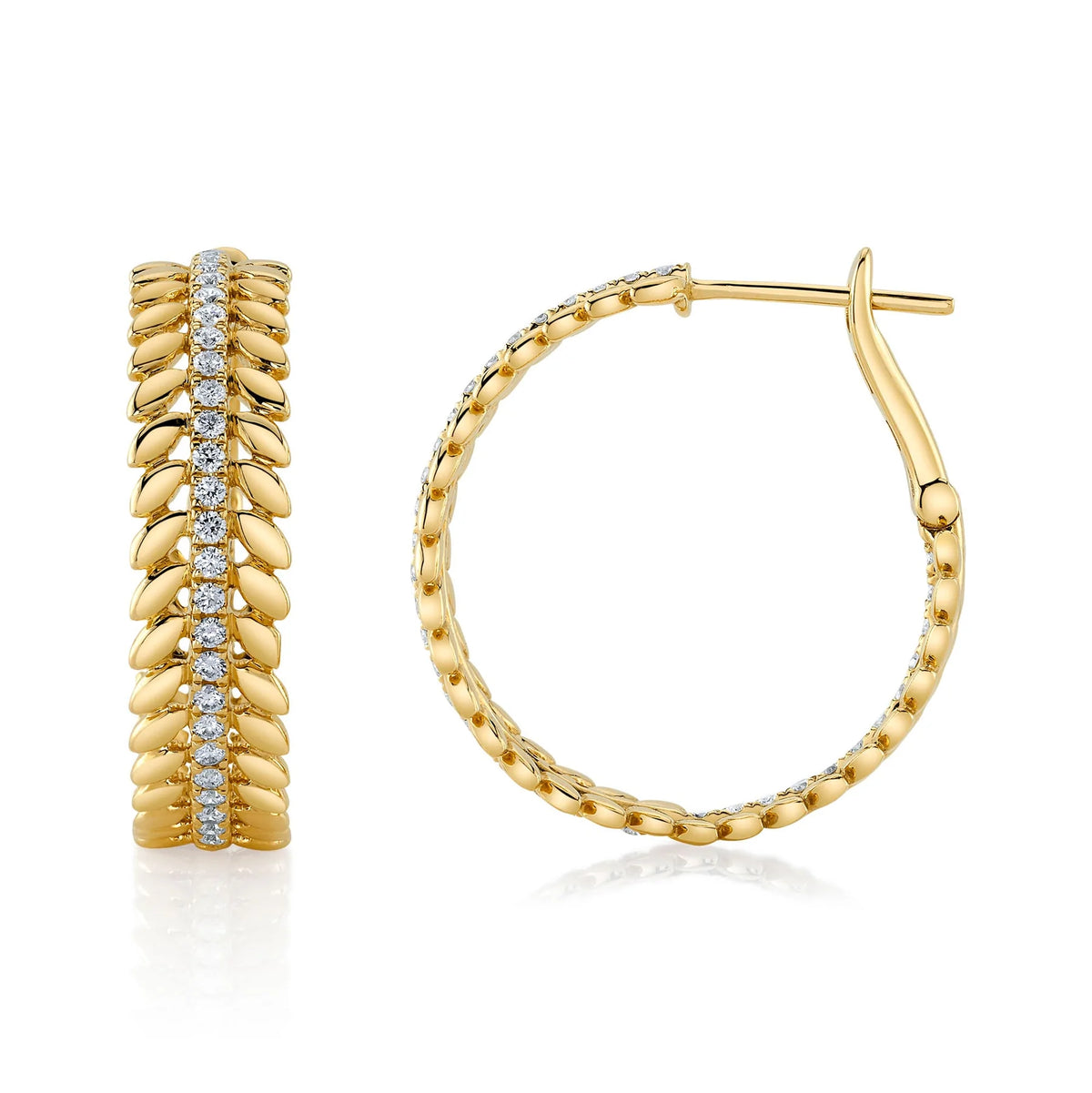 14K Yellow Gold 0.72 Carat Total Weight Diamond Laurel Wreath Hoop Earrings - Queen May