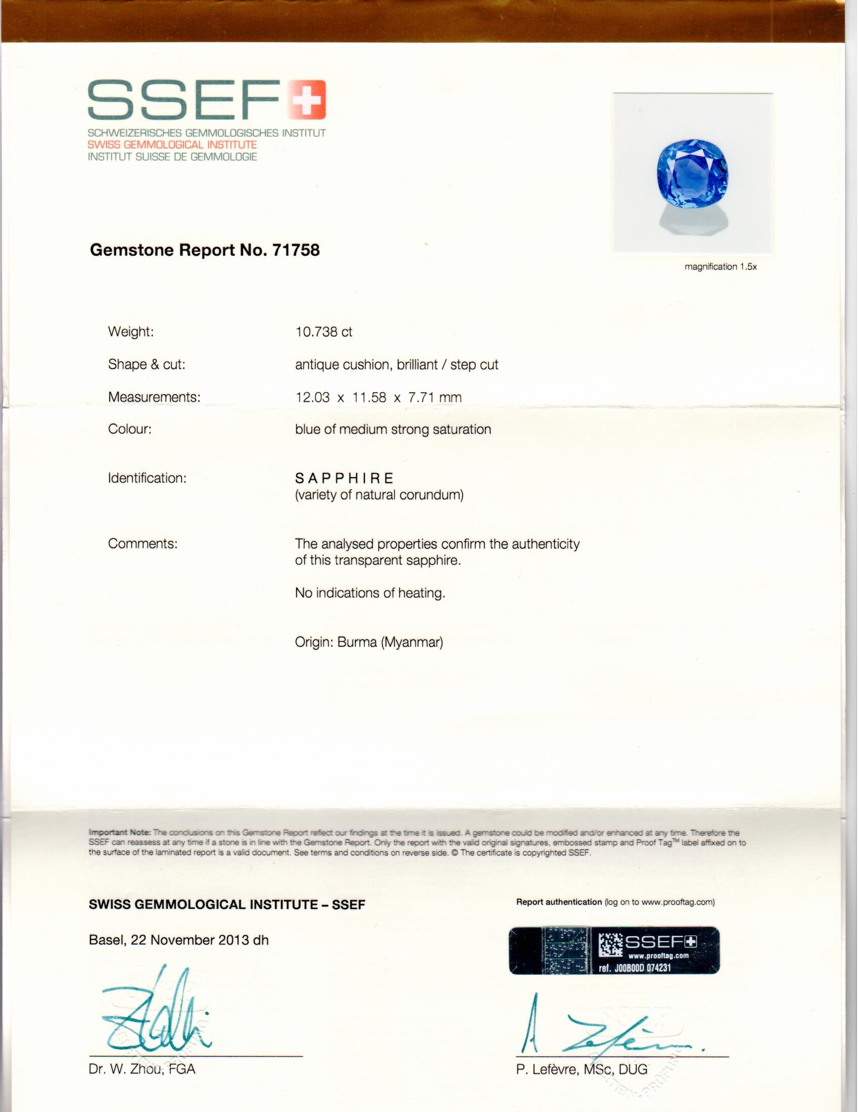 Victorian 18K Yellow Gold Untreated 10.73 Carat Cornflower Blue Burma No Heat Sapphire & Diamond Ring SSEF Certified - Queen May