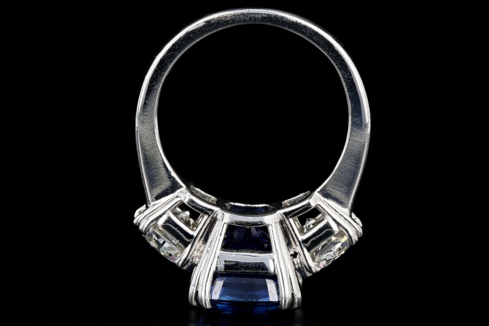 Modern Platinum 6.65 Carat Ceylon Sapphire and Octagonal Cut Diamond Three Stone Ring - Queen May