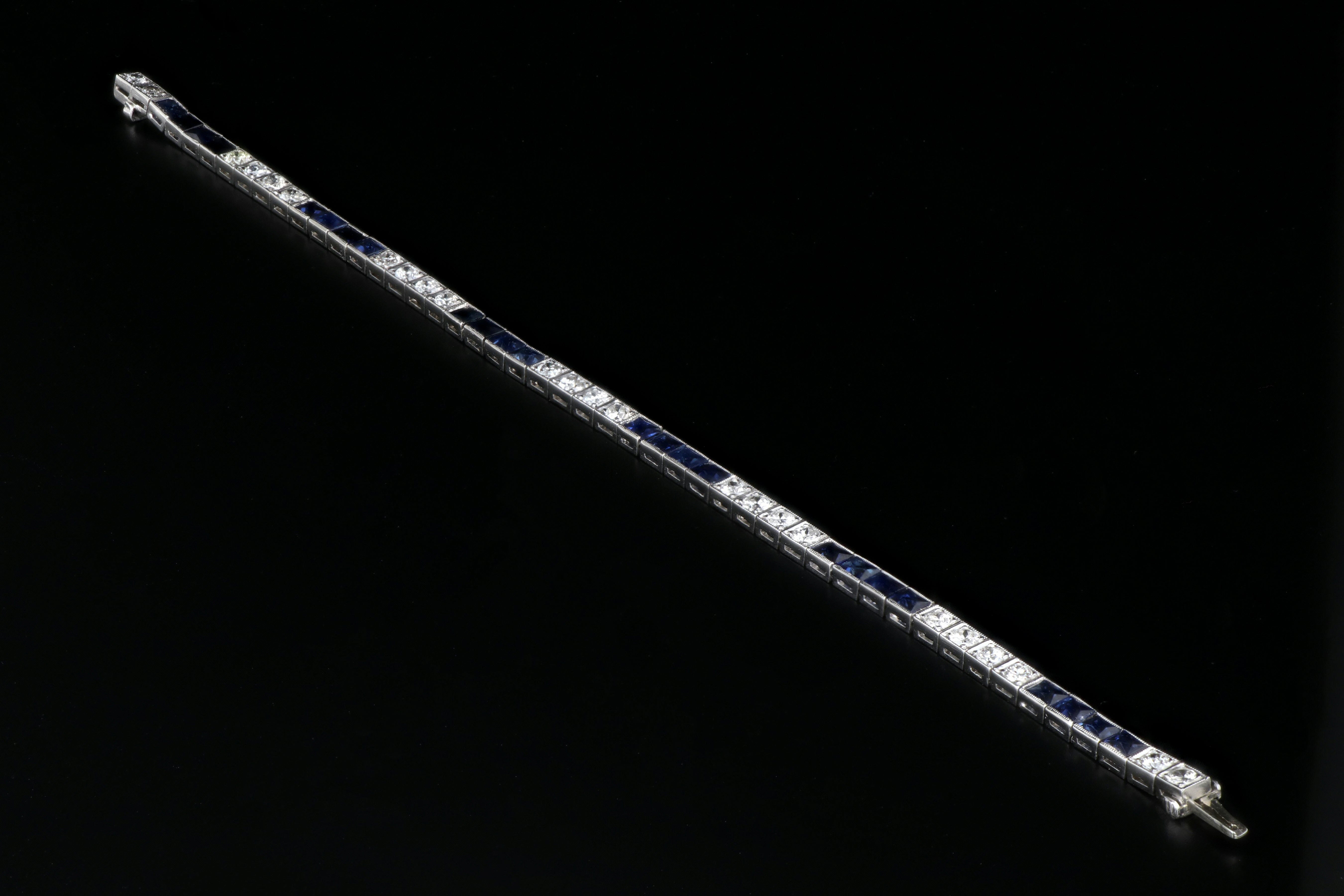 Art Deco Platinum 3.5 Carat French Cut Sapphire & Diamond Tennis Bracelet - Queen May