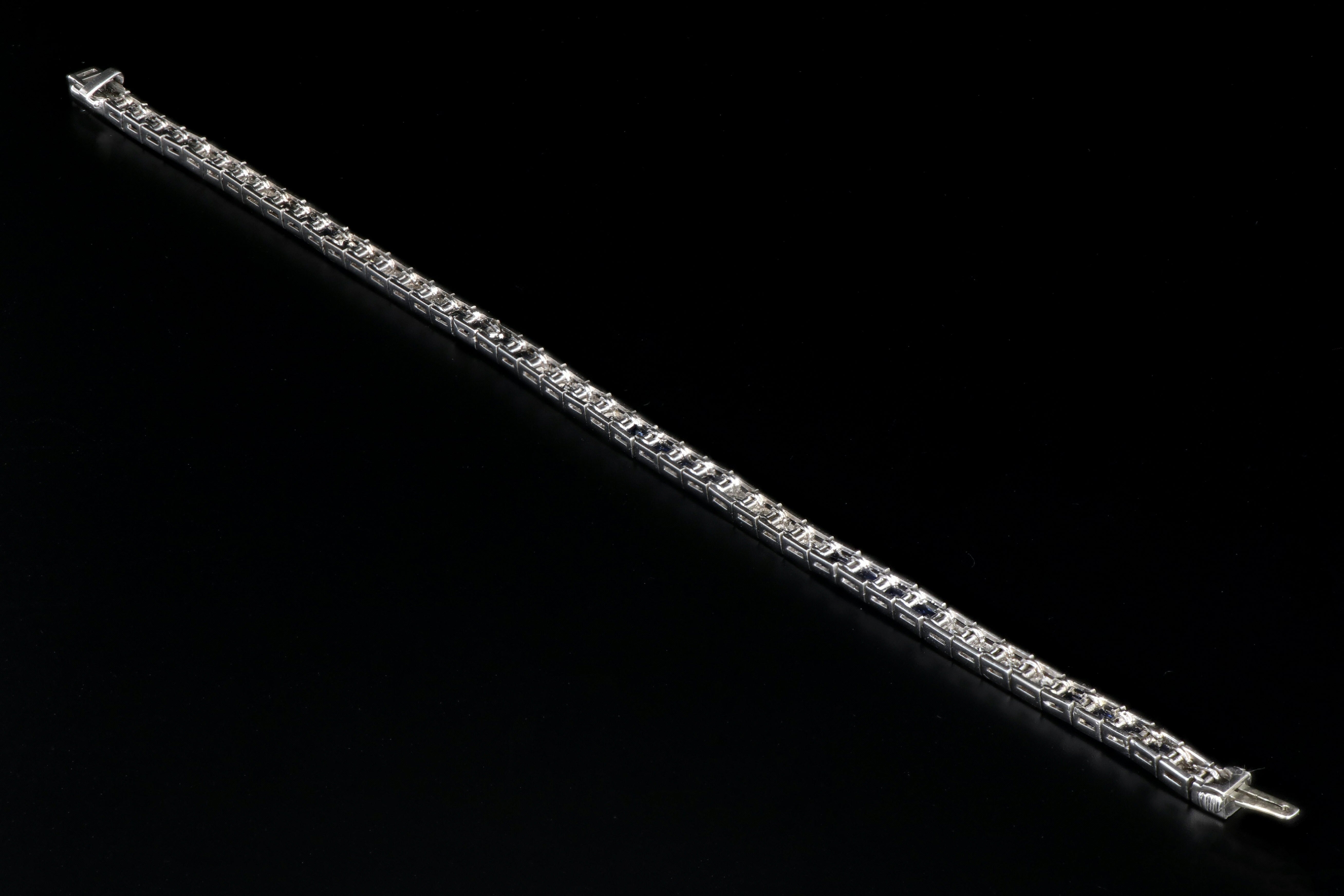 Art Deco Platinum 3.5 Carat French Cut Sapphire & Diamond Tennis Bracelet - Queen May