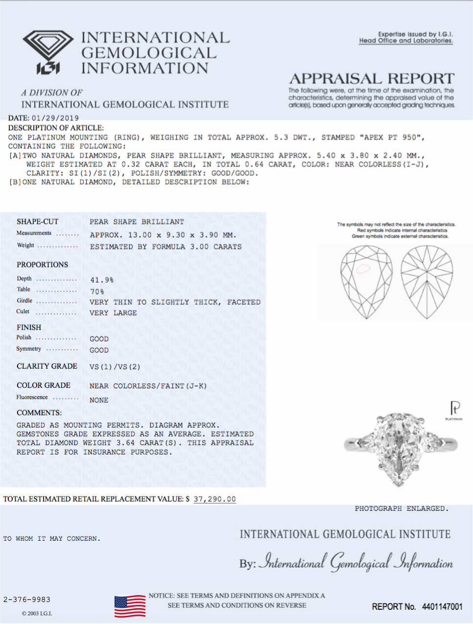 Platinum 3CT antique pear diamond 3.64CTW IGI Certified - Queen May