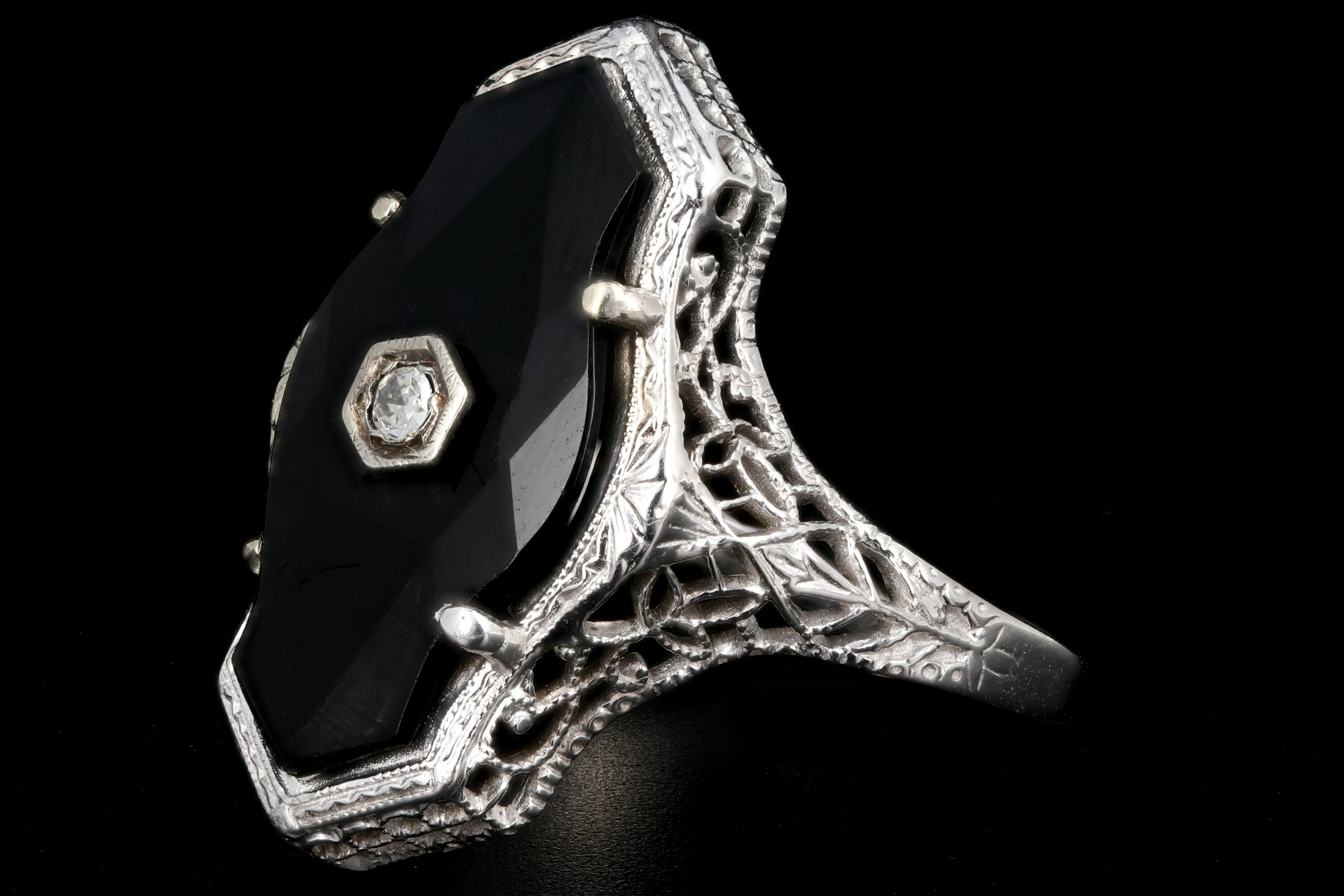 Art Deco 14K White Gold Onyx & Diamond Filigree Ring c.1920's - Queen May