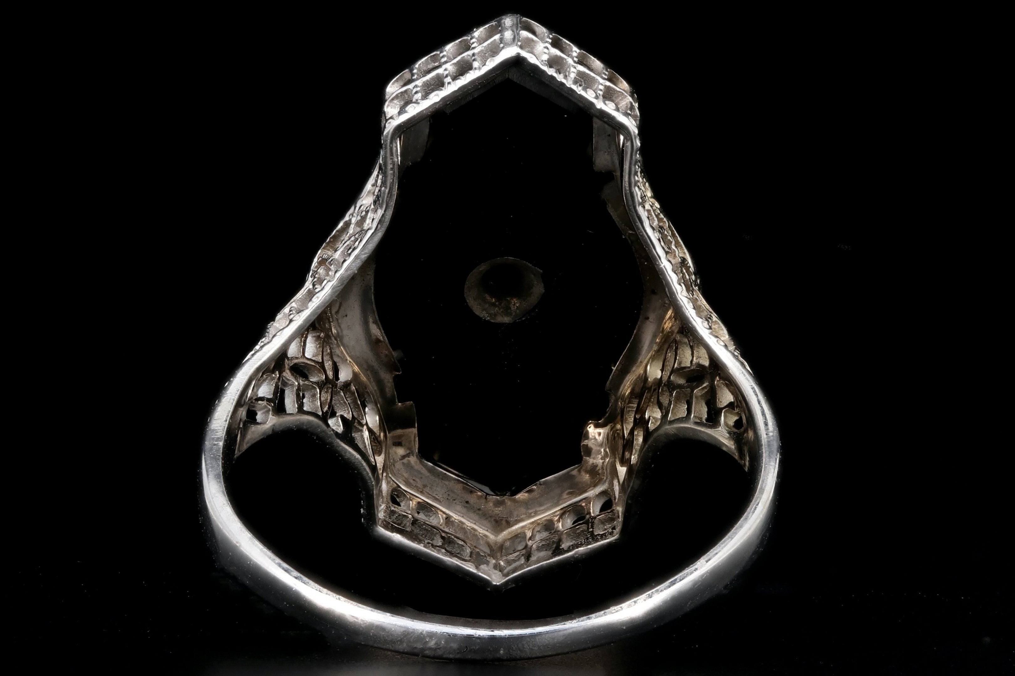 Art Deco 14K White Gold Onyx & Diamond Filigree Ring c.1920's - Queen May