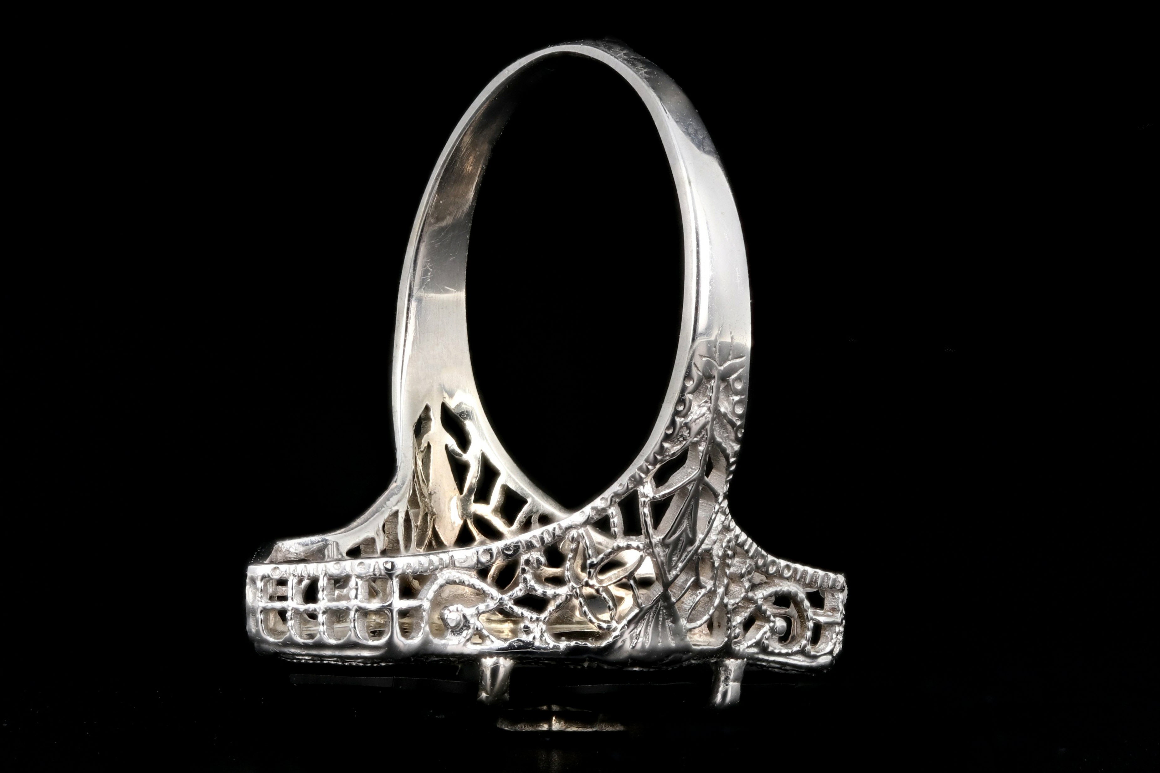 Art Deco 14K White Gold Onyx & Diamond Filigree Ring c.1920's - Queen May