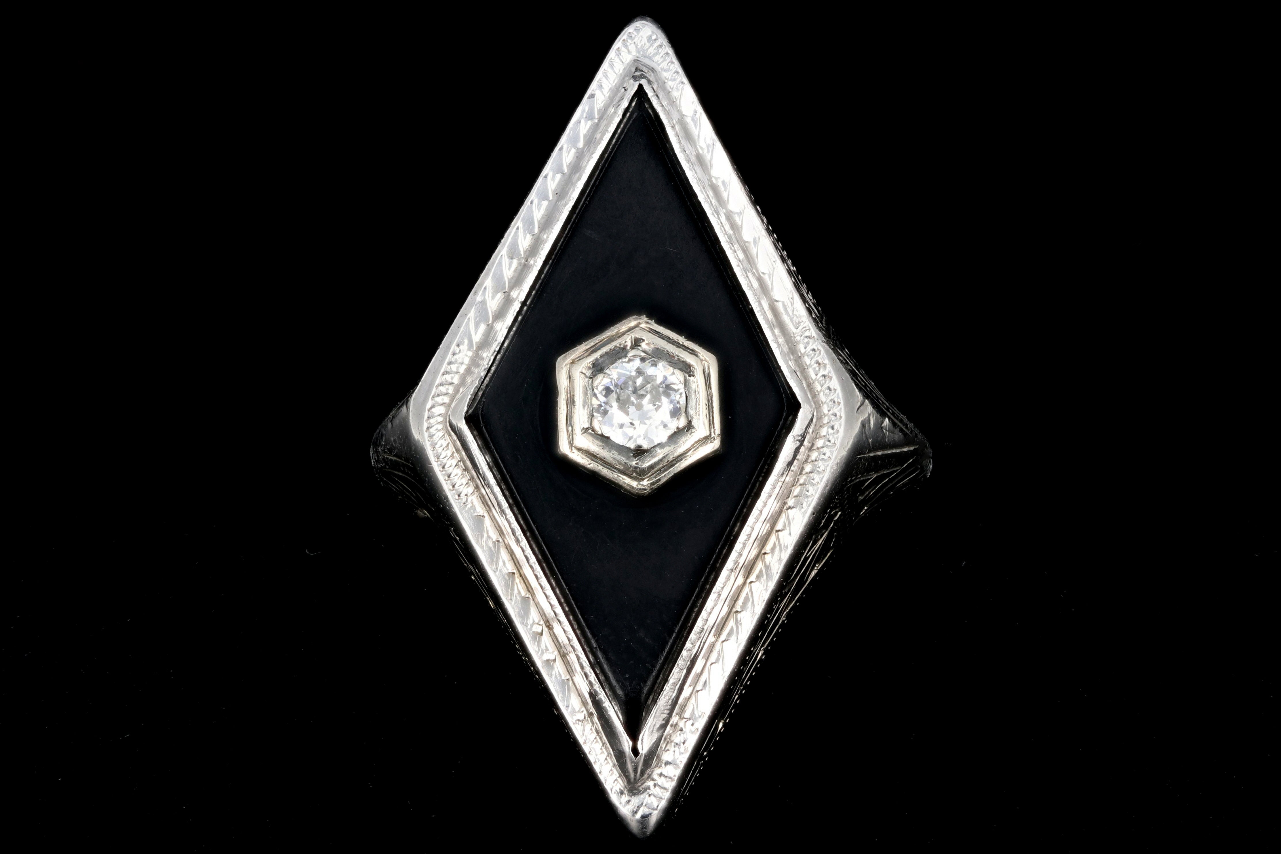 Art Deco 14K White Gold Onyx and .10CT Diamond Ring - Queen May