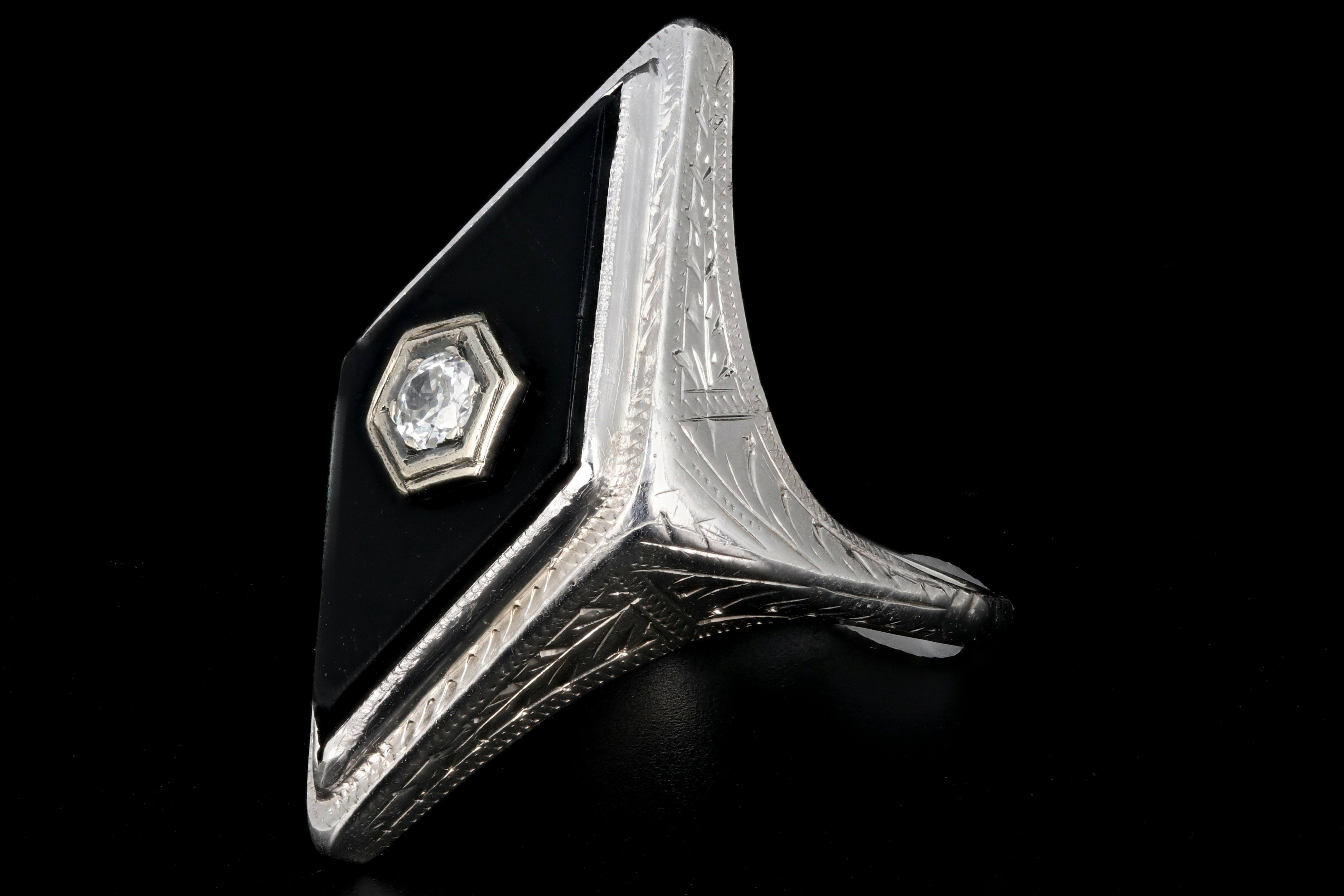 Art Deco 14K White Gold Onyx and .10CT Diamond Ring - Queen May