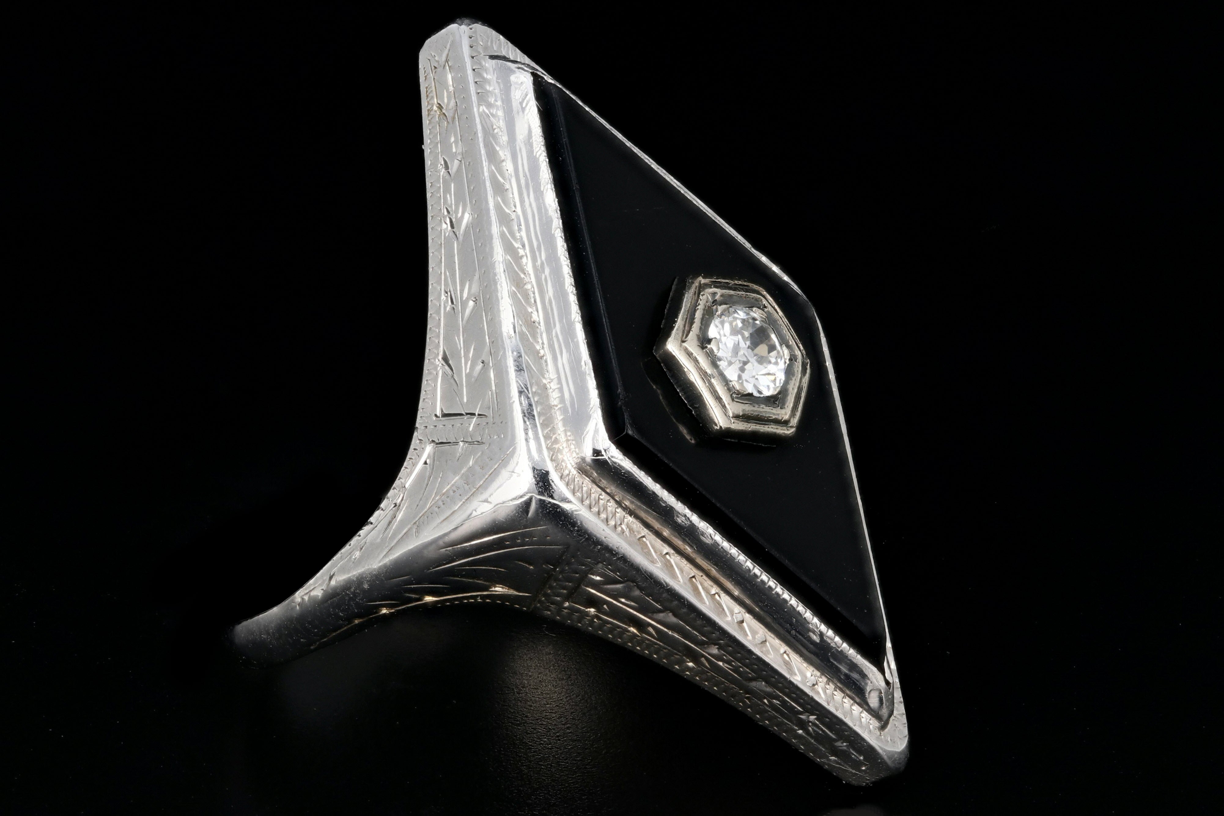 Art Deco 14K White Gold Onyx and .10CT Diamond Ring - Queen May
