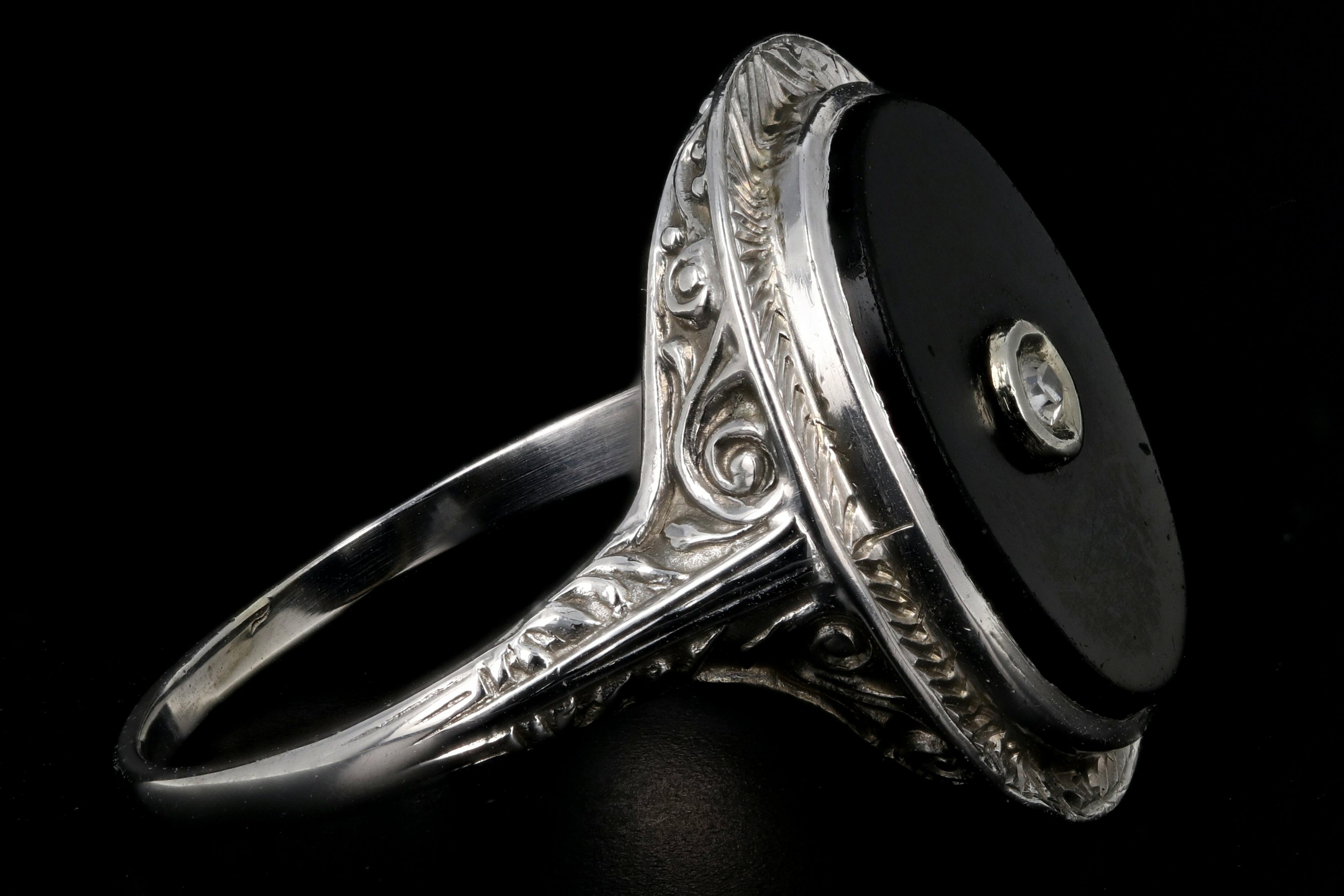 Art Deco 14K White Gold Onyx and Diamond Ring - Queen May
