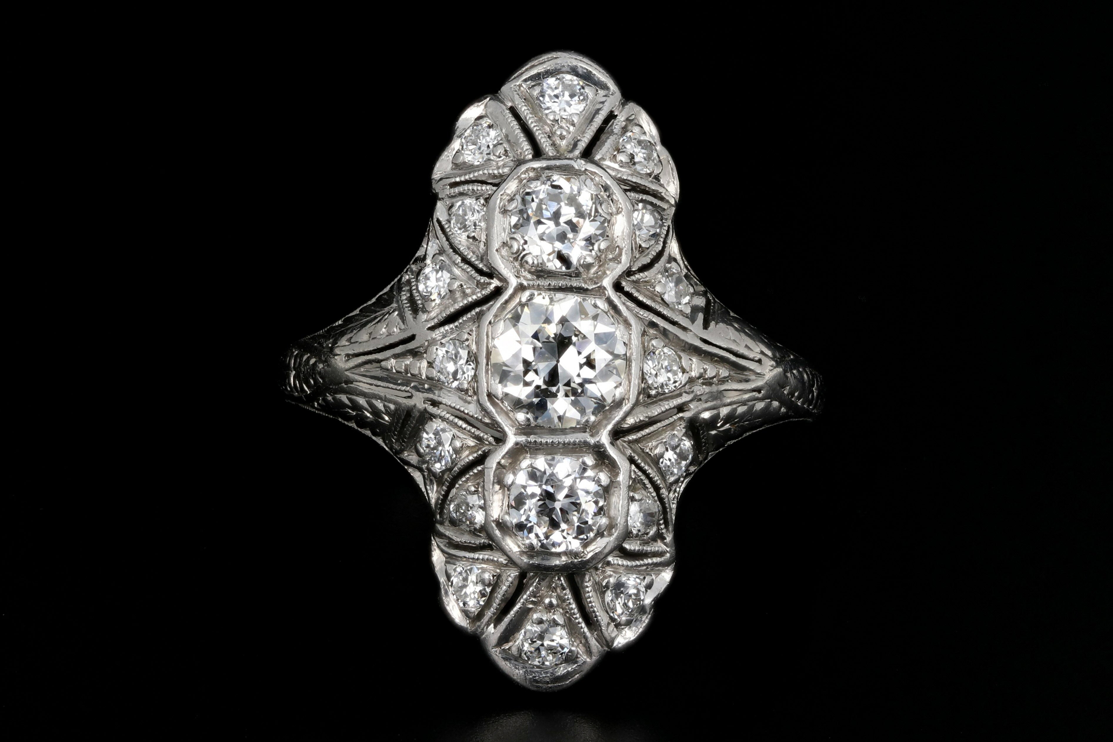 Art Deco Platinum 1.22 Carat Diamond Weight Total Shield Ring - Queen May