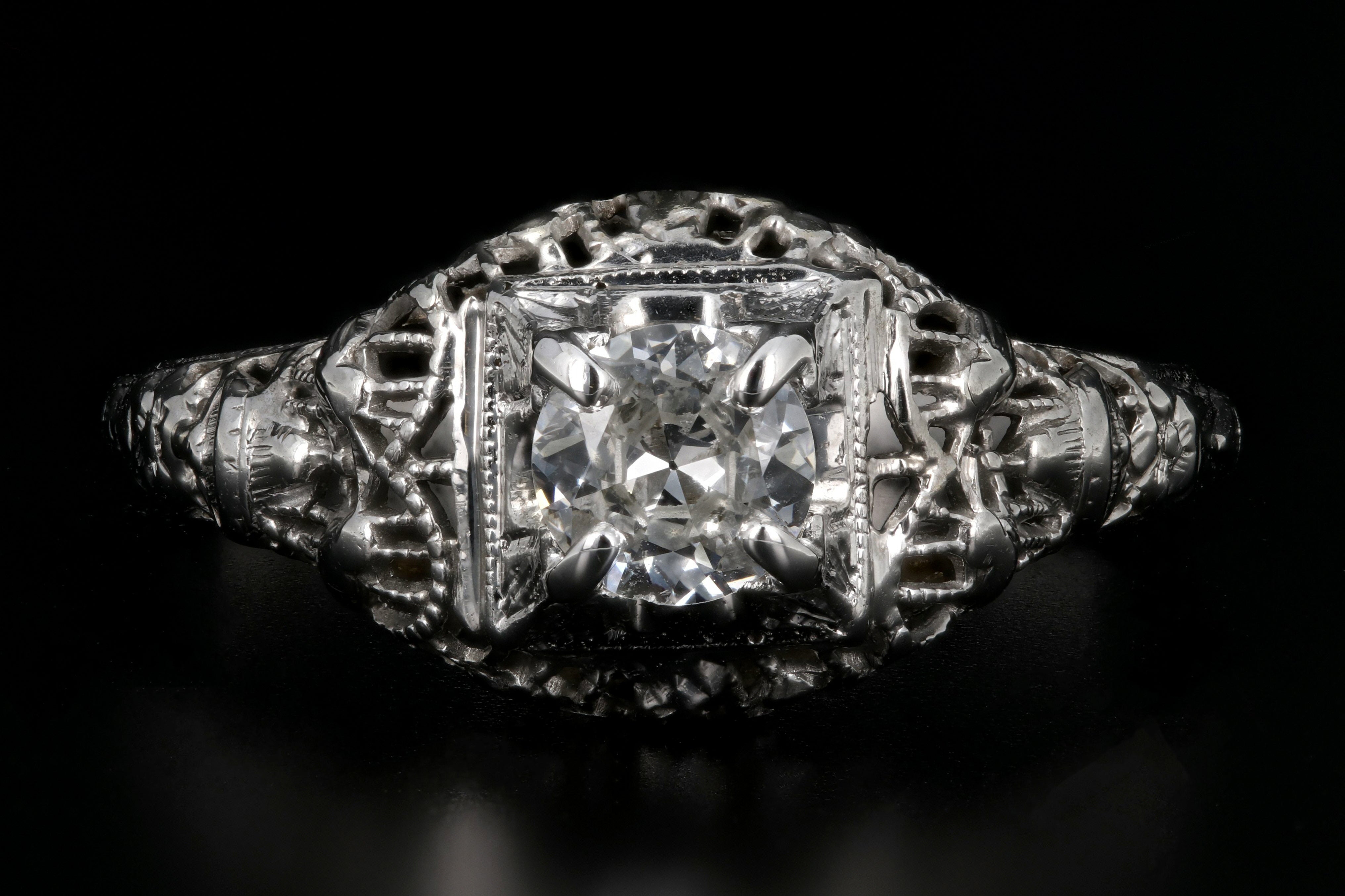 Art Deco 18K White Gold .36 Carat Diamond Engagement Ring - Queen May