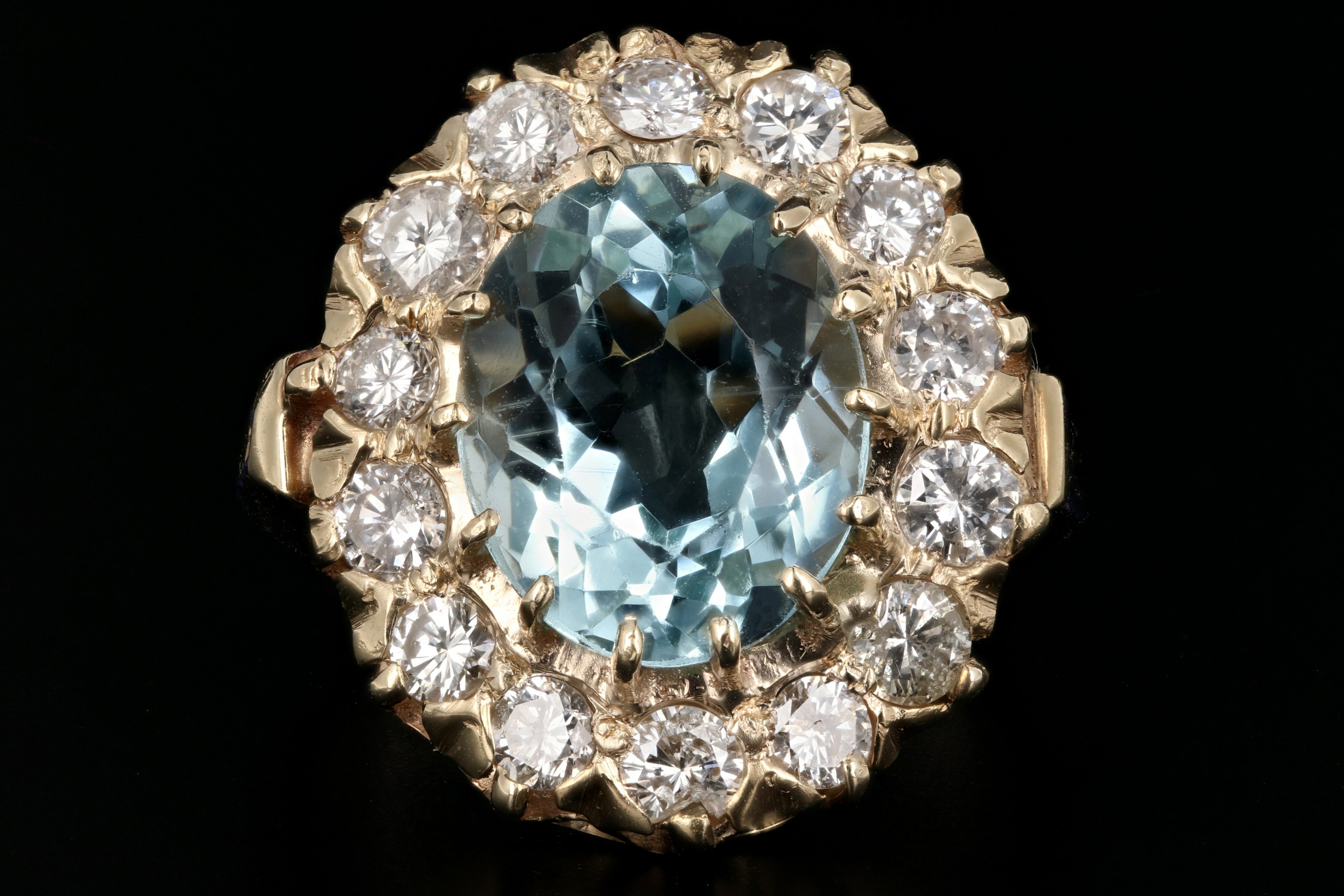 Retro 14K Gold 4 Carat Aquamarine & 1.3 Carat Diamond Halo Enamel Ring - Queen May