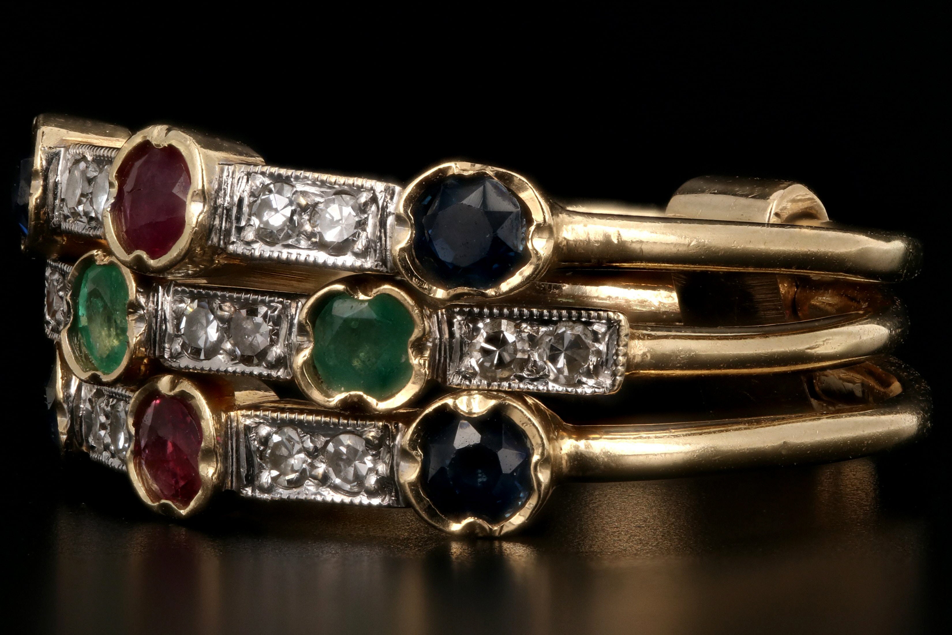 Victorian Revival 14K Yellow Gold Diamond Ruby Emerald Sapphire Harem Ring - Queen May