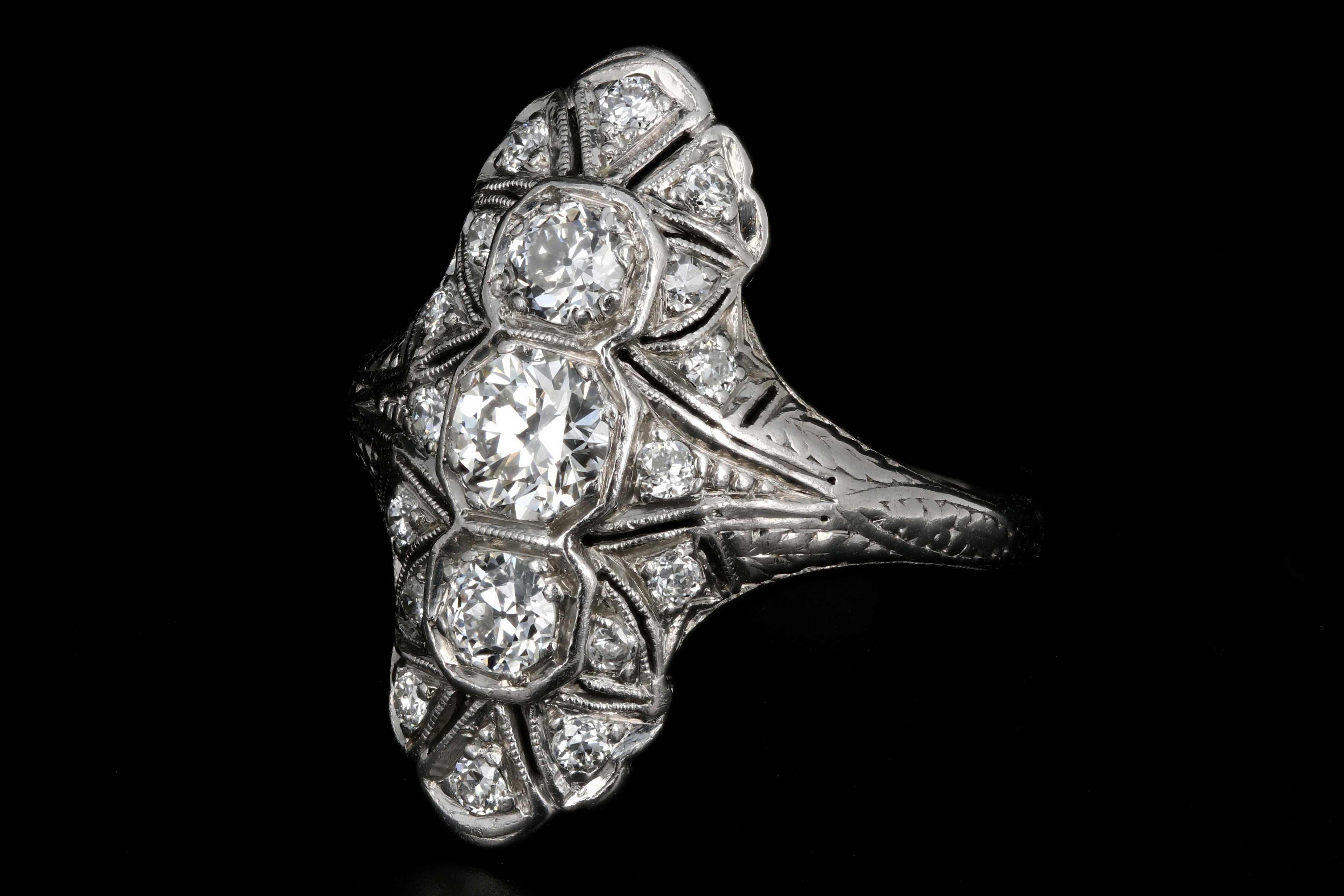 Art Deco Platinum 1.22 Carat Diamond Weight Total Shield Ring - Queen May