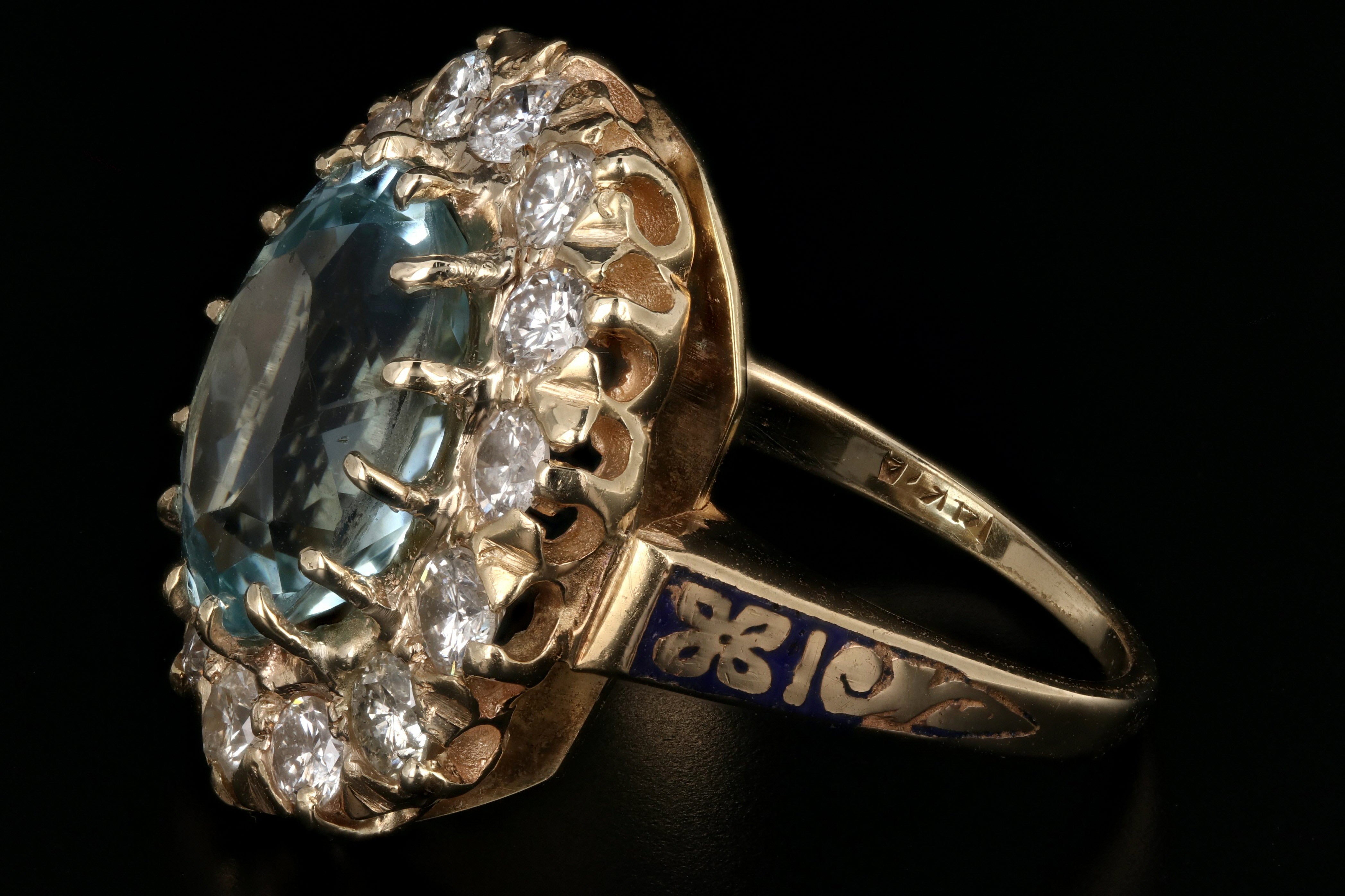 Retro 14K Gold 4 Carat Aquamarine & 1.3 Carat Diamond Halo Enamel Ring - Queen May
