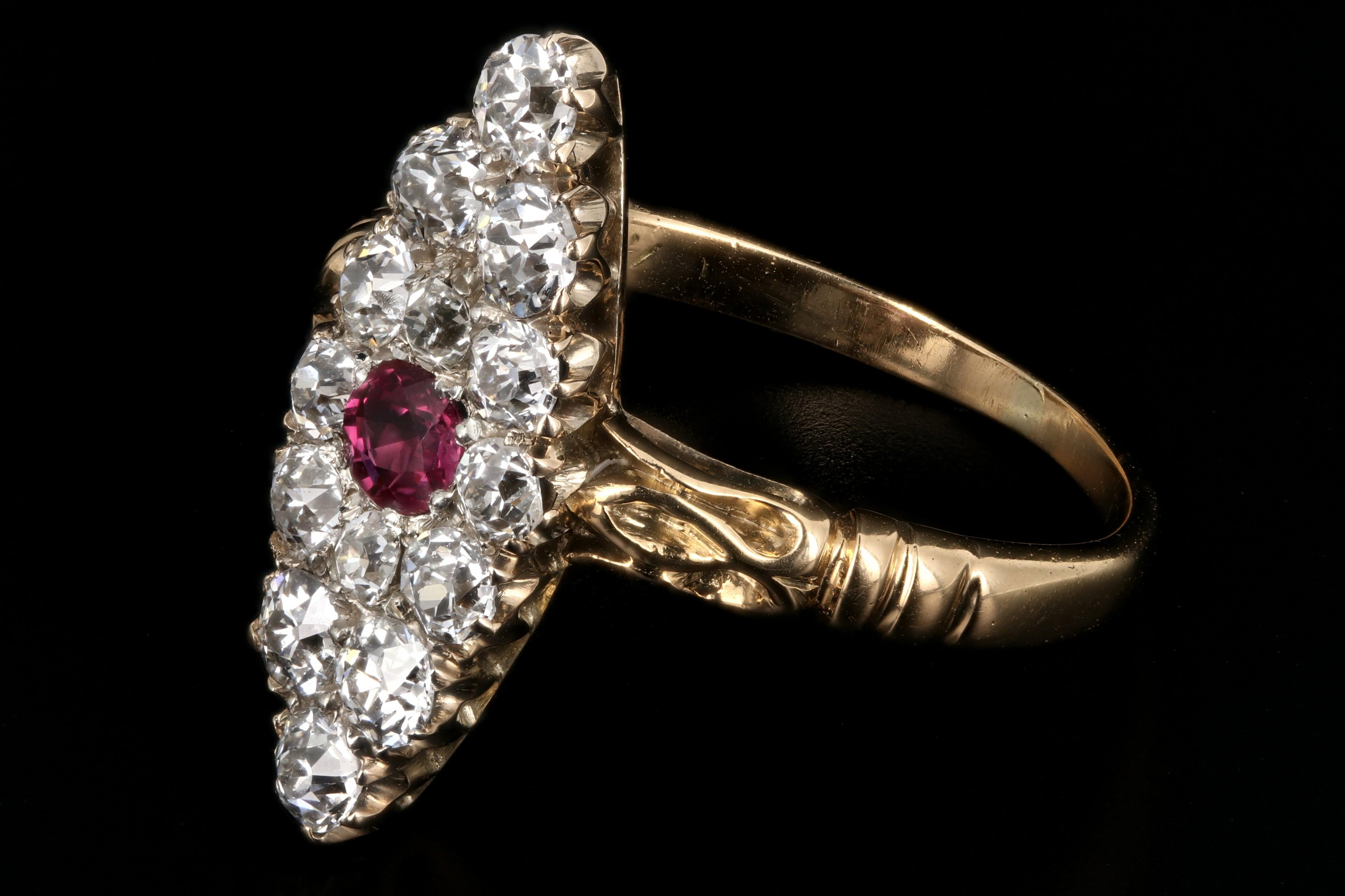 Victorian 18K Yellow Gold Ruby And Diamond Navette Ring - Queen May