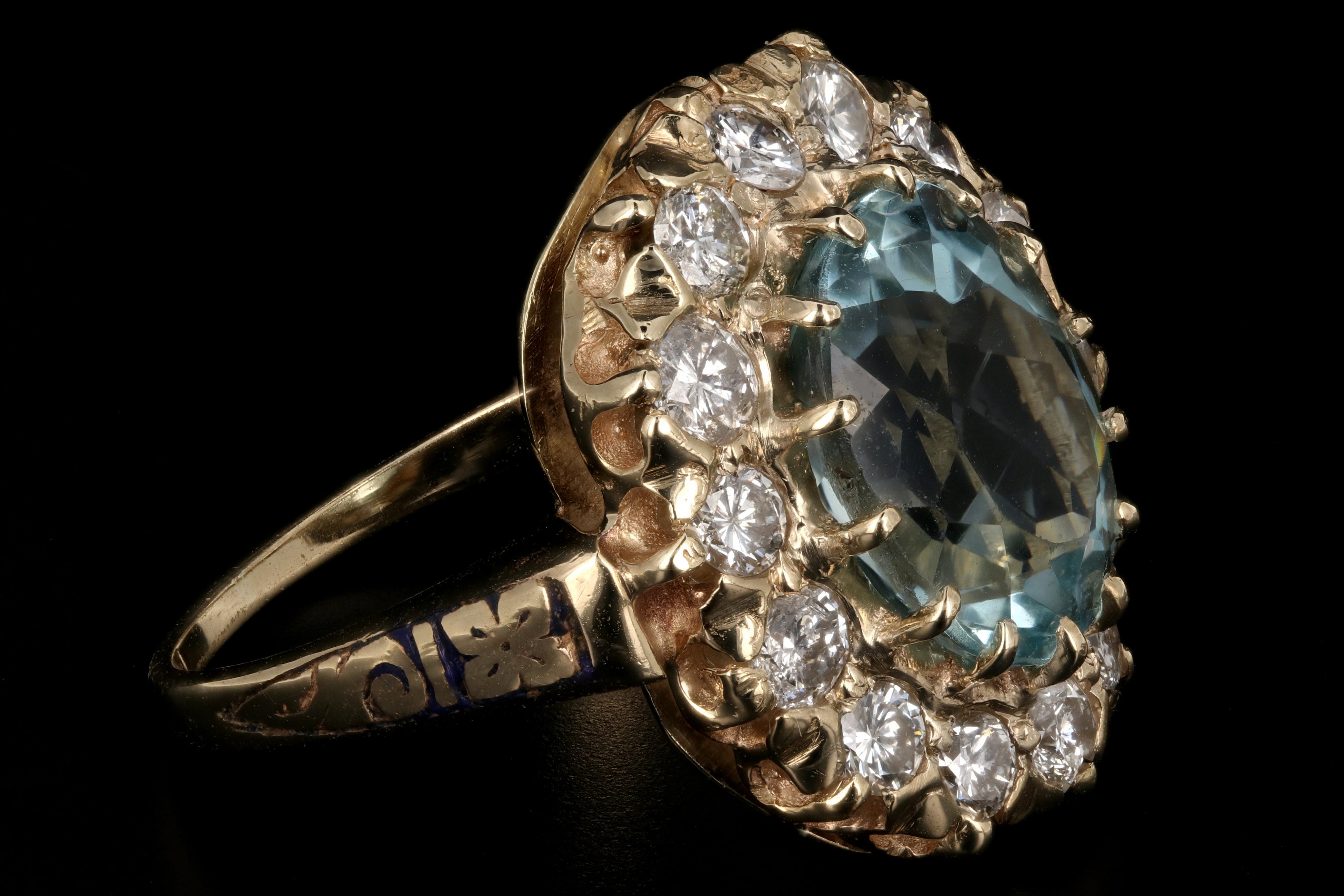 Retro 14K Gold 4 Carat Aquamarine & 1.3 Carat Diamond Halo Enamel Ring - Queen May