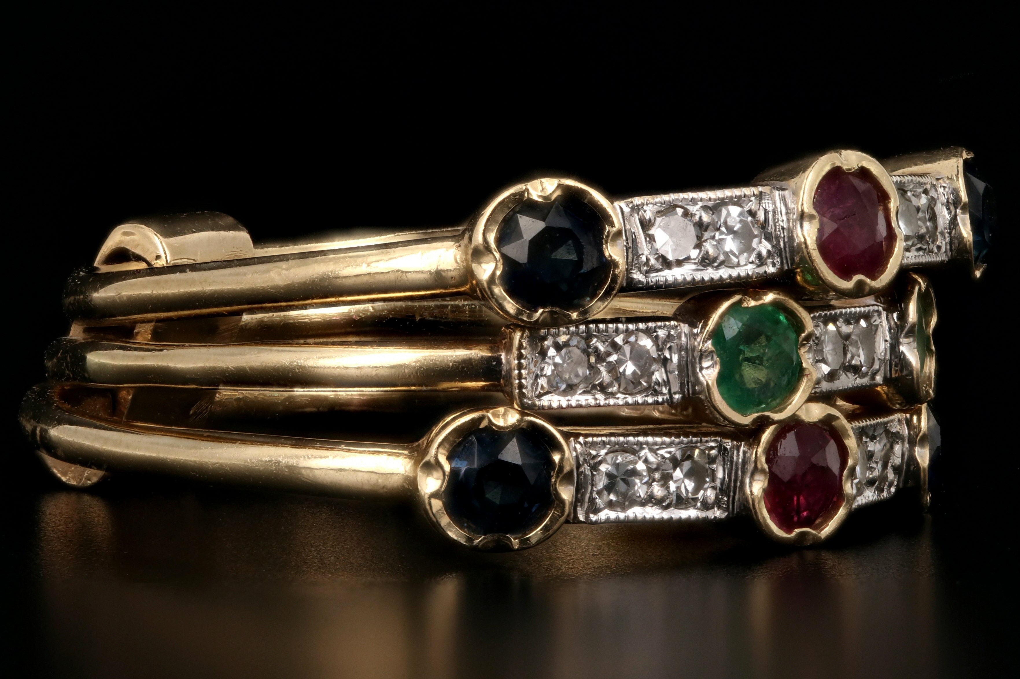Victorian Revival 14K Yellow Gold Diamond Ruby Emerald Sapphire Harem Ring - Queen May