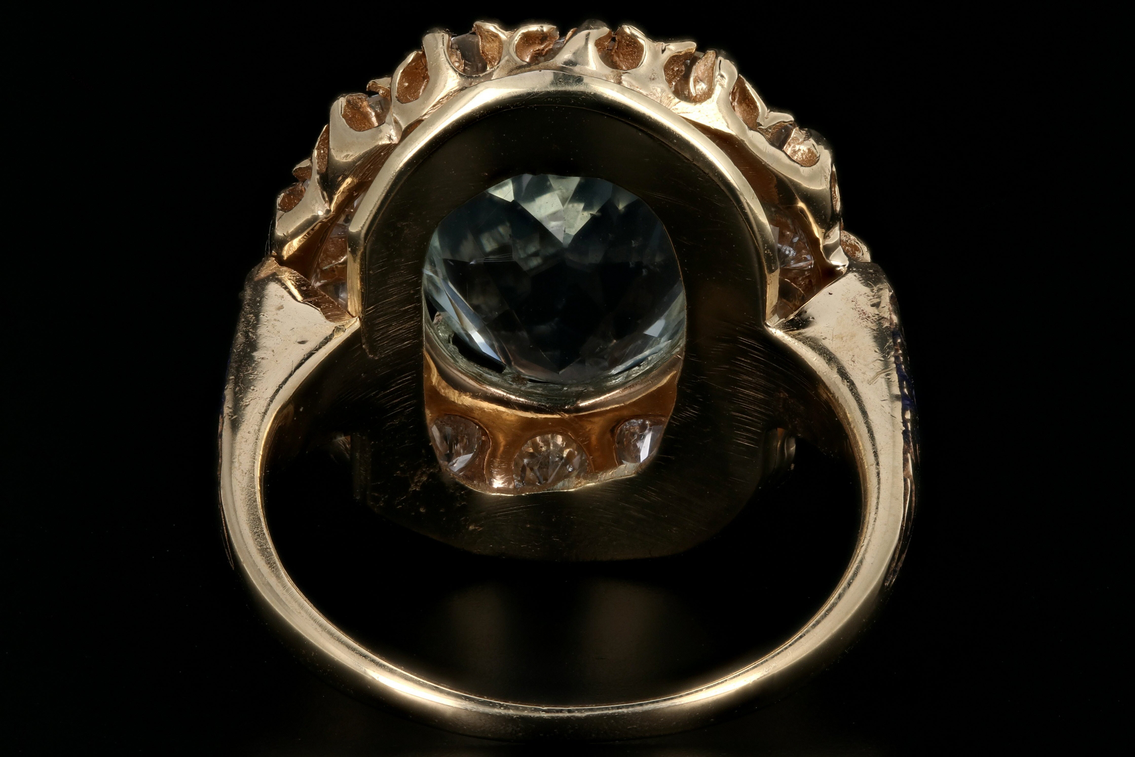 Retro 14K Gold 4 Carat Aquamarine & 1.3 Carat Diamond Halo Enamel Ring - Queen May