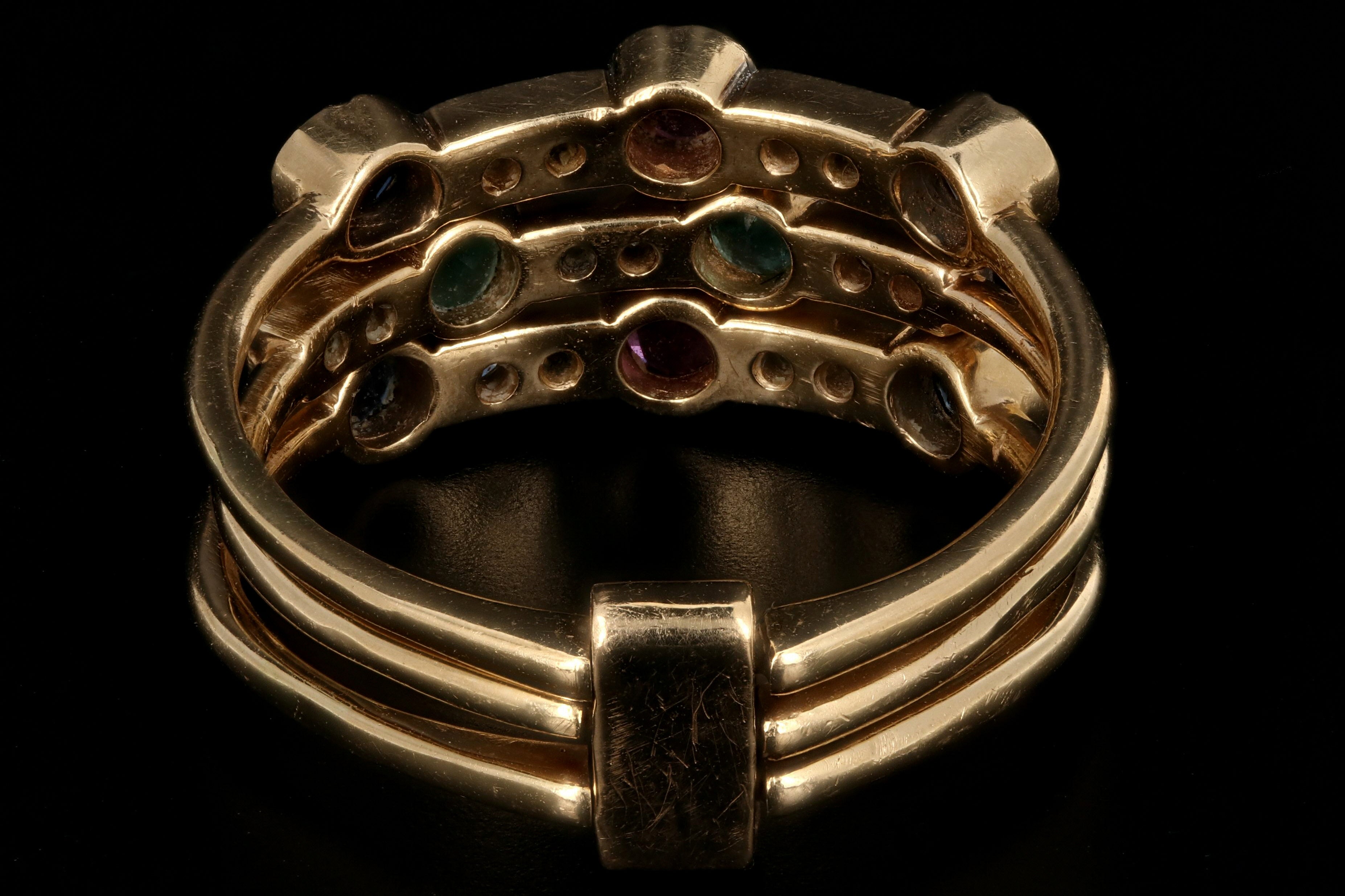 Victorian Revival 14K Yellow Gold Diamond Ruby Emerald Sapphire Harem Ring - Queen May