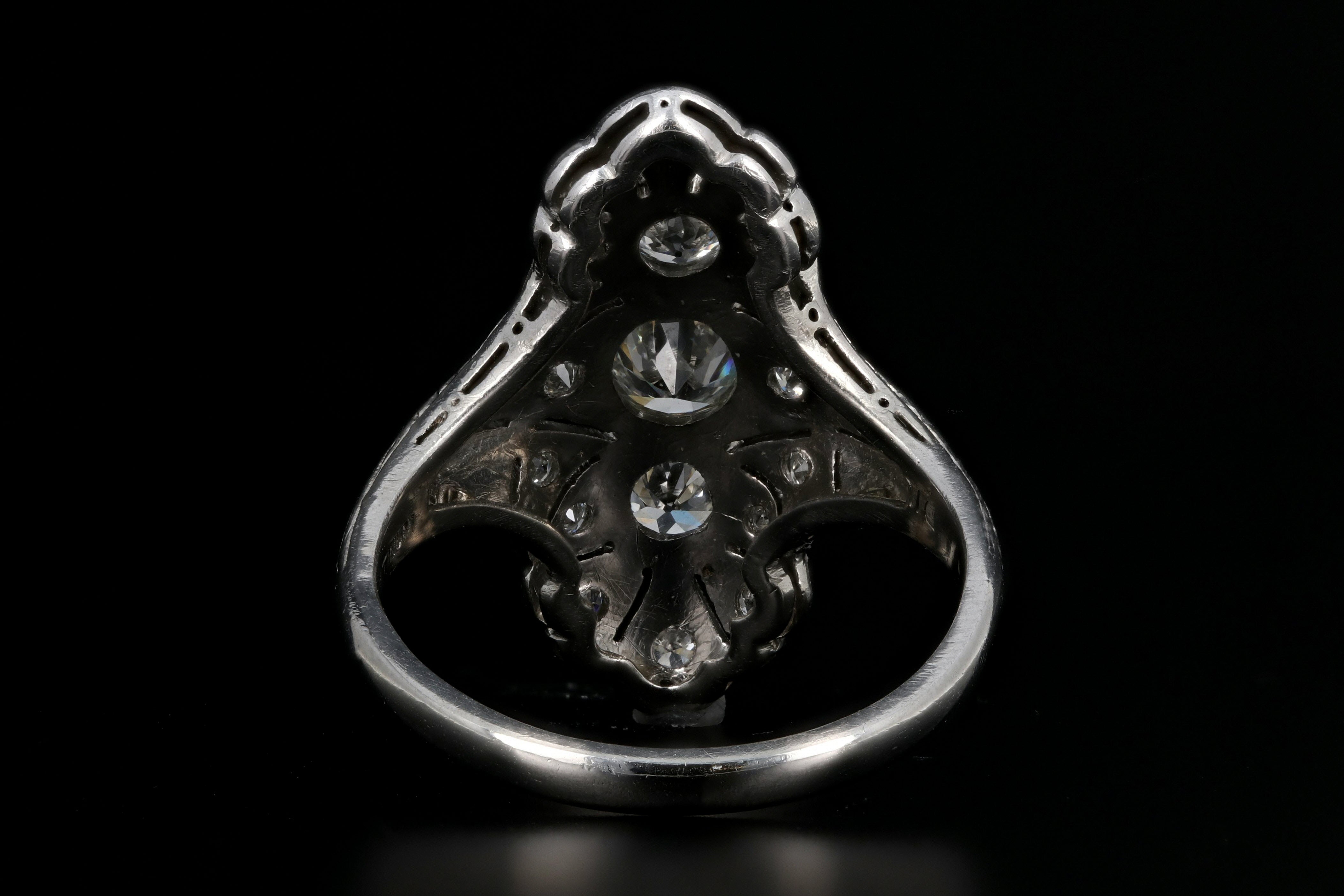Art Deco Platinum 1.22 Carat Diamond Weight Total Shield Ring - Queen May