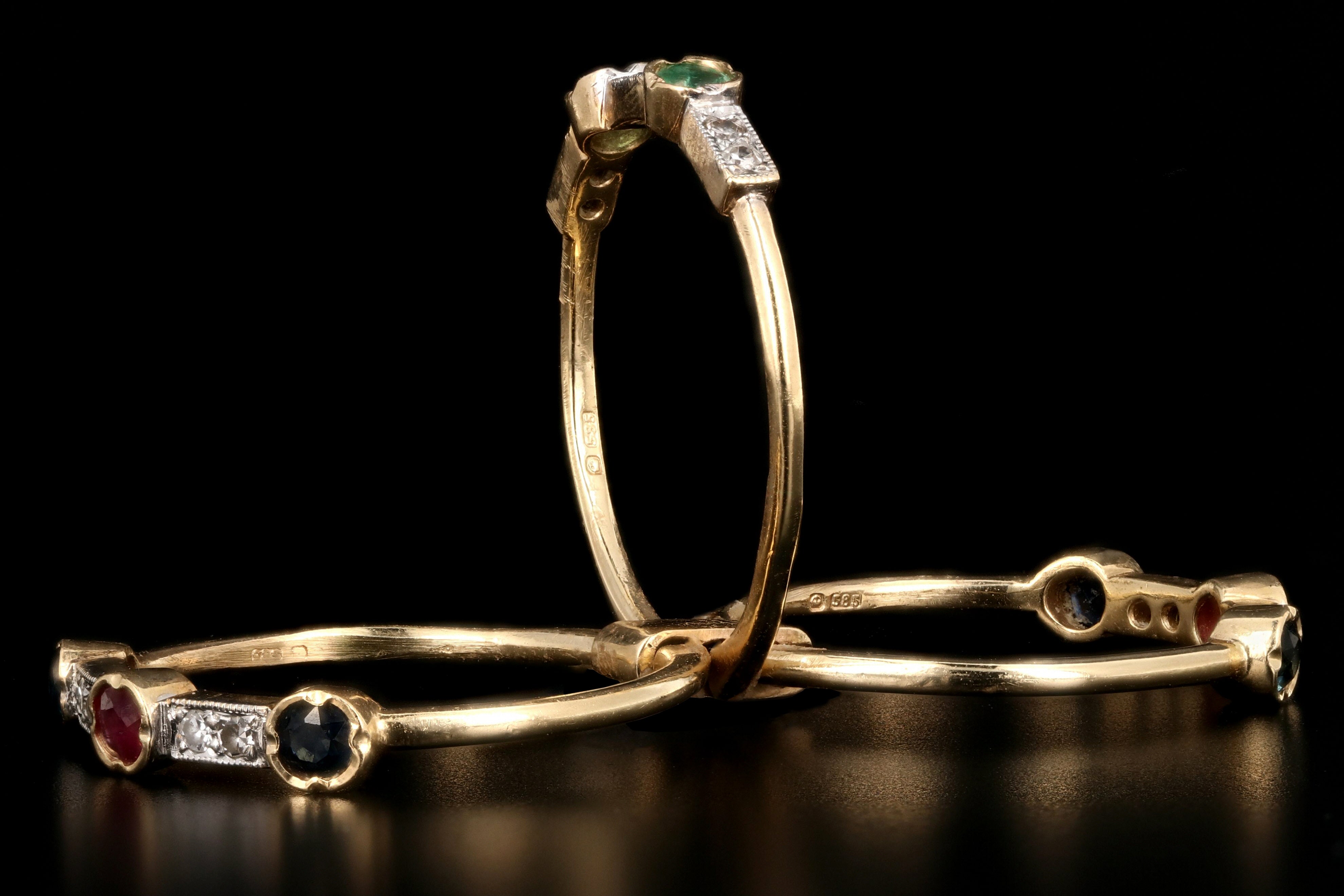 Victorian Revival 14K Yellow Gold Diamond Ruby Emerald Sapphire Harem Ring - Queen May